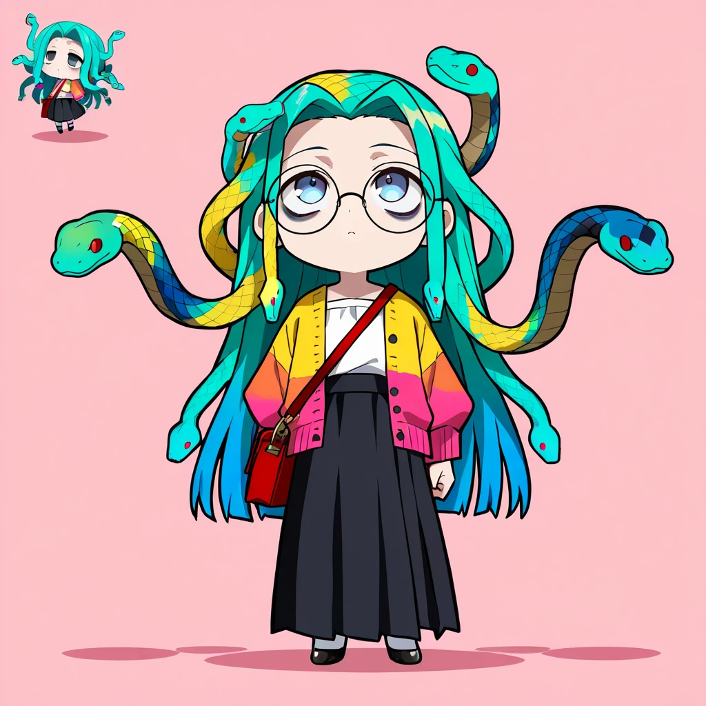 (The most amazing scene ever created:1.0), (Masterpiece:1.0), (Best Quality:1.0), (amazing quality:1.0), (sharpest focus:1.0), (anime style:1.0), (chibi style:1.0), (beautiful face and eye:1.2), 
(Depth of field:1.0), (super fine:1.0), (16k:1.0), (incredibly absurdres:1.0), (extremely detailed:1.0), (delicate and dynamic:1.0), (very aesthetic:1.0), (absurdres:1.0), (beautiful face and eye:1.2), (perfect :1.2), 
(very simple drawing:1.2), (chibi beautiful young medusa:1.3), (colorful snake with a lot of hair:1.5), (very large dark circles under eyes:1.3), (looking up in a languid daze:1.4), (Tattered cardigan and long skirt:1.2), 
(Tattered big shoulder bag:1.0), (round glasses:1.1), (Comical:1.2), (Deformed:1.3), (Comedy:1.4), (Standing in a daze:1.2), (Cute chbi beautiful young girl like a toy:1.4), (snake hair:1.2), (Large amount of snake hair:1.2), 
Vibrant colors, Mystical beauty, Fantastic beauty, unimaginable beauty, beauty beyond imagination, Overwhelmingly written images, 