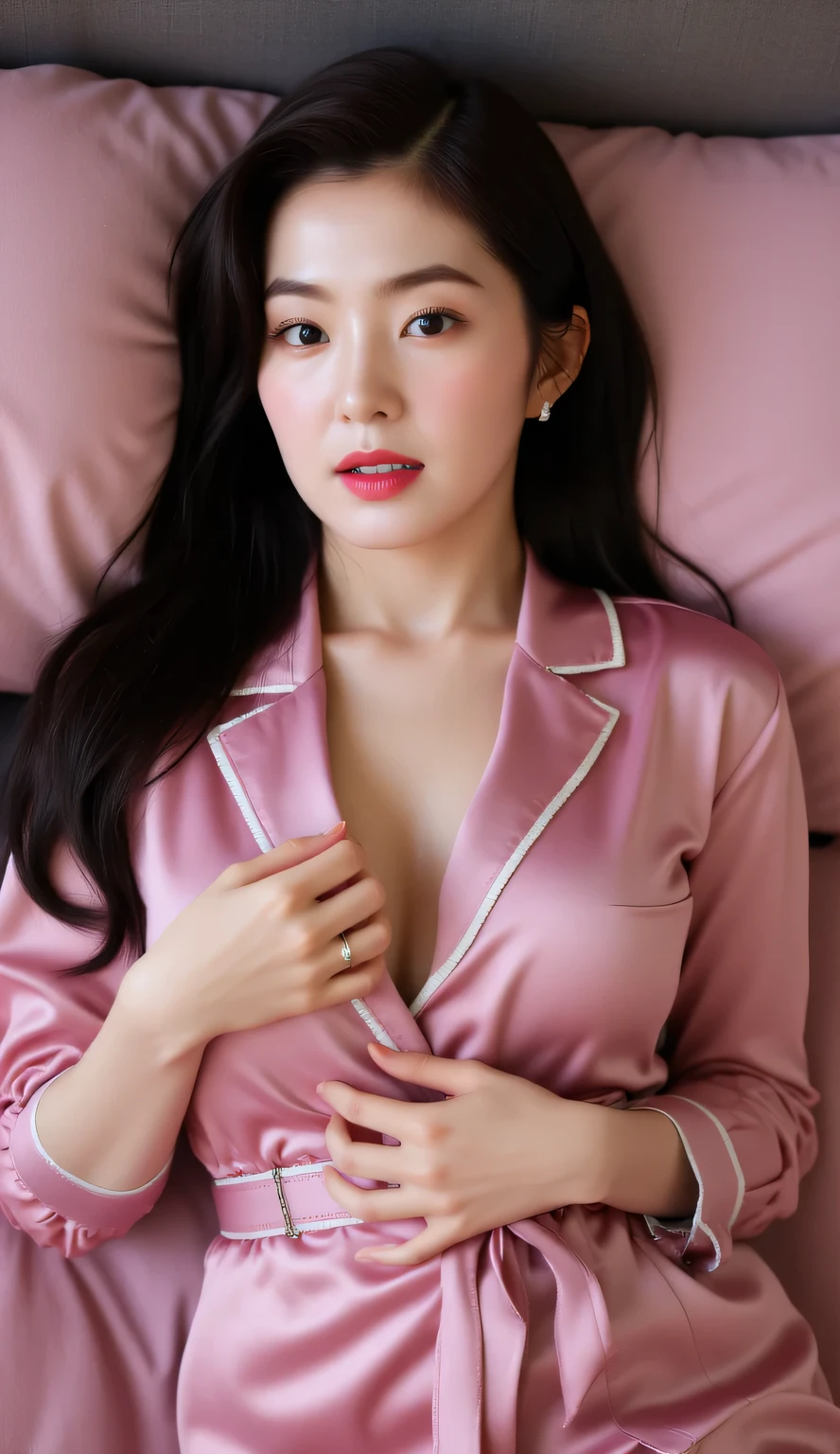 a female teacher , sleep on their backs on the mattress, both hands press on the breast, using pink satin oversize sleeping shirt, big boobs, red lips