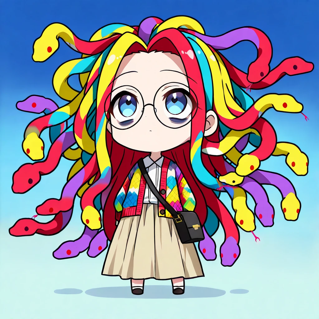 (The most amazing scene ever created:1.0), (Masterpiece:1.0), (Best Quality:1.0), (amazing quality:1.0), (sharpest focus:1.0), (anime style:1.0), (chibi style:1.0), (beautiful face and eye:1.2), 
(Depth of field:1.0), (super fine:1.0), (16k:1.0), (incredibly absurdres:1.0), (extremely detailed:1.0), (delicate and dynamic:1.0), (very aesthetic:1.0), (absurdres:1.0), (beautiful face and eye:1.2), (perfect :1.2), 
(very simple drawing:1.2), (chibi beautiful young medusa:1.3), (colorful snake with a lot of hair:1.5), (very large dark circles under eyes:1.3), (looking up in a languid daze:1.4), (Tattered cardigan and long skirt:1.2), 
(Tattered big shoulder bag:1.0), (round glasses:1.1), (Comical:1.2), (Deformed:1.3), (Comedy:1.4), (Standing in a daze:1.2), (Cute chbi beautiful young girl like a toy:1.4), (snake hair:1.2), (Large amount of snake hair:1.2), 
Vibrant colors, Mystical beauty, Fantastic beauty, unimaginable beauty, beauty beyond imagination, Overwhelmingly written images, 
