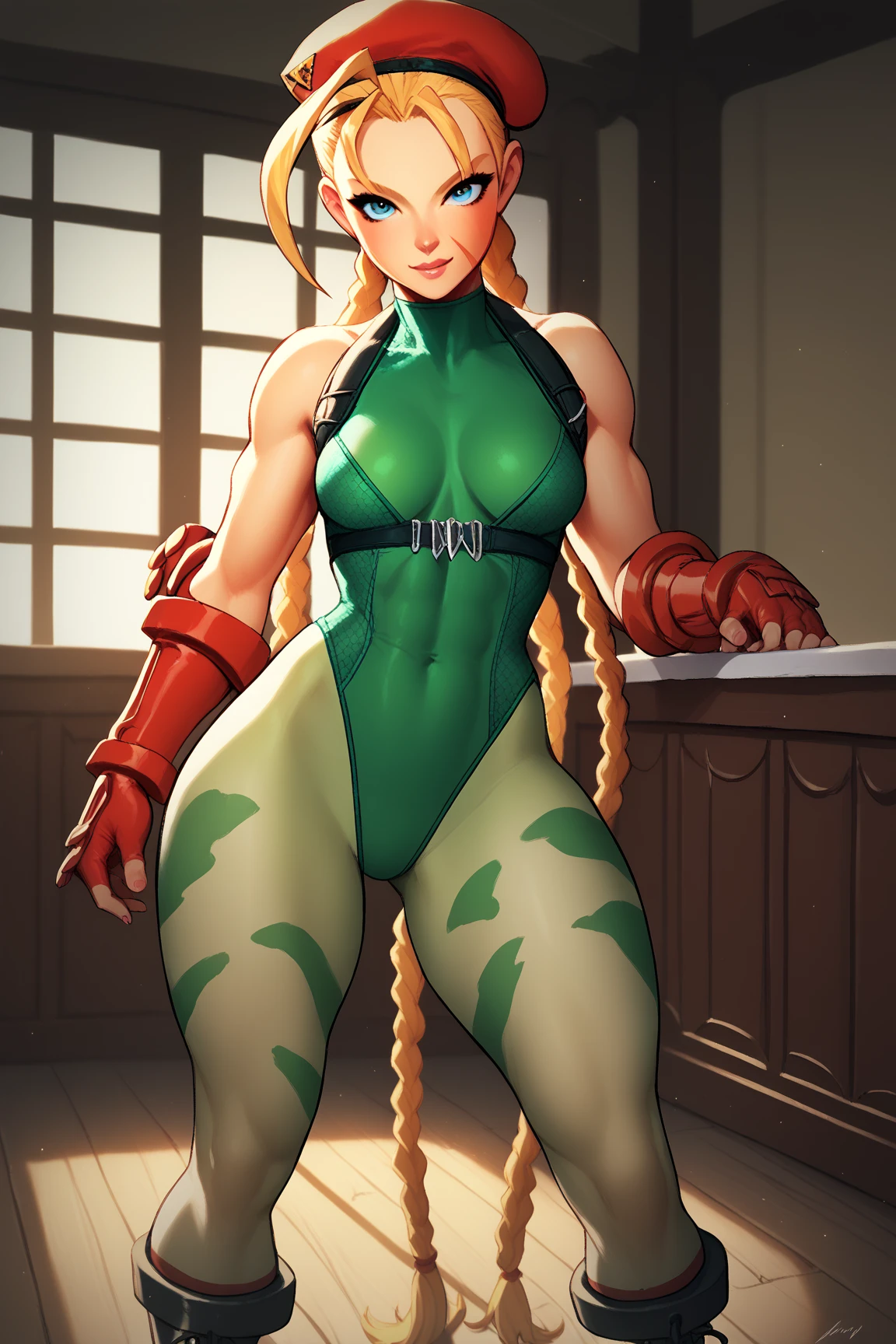 SF2CW, (((1girl))), masterpiece, bestquality:0.6, highres, uhd, gorgeous girl standing confident, standing solo, bad mood, large blue eyes, lipstick, ((looking at upside)), face scar, red beret, blonde-haired, ((twin braided tails)), (((tight green leotard))), remarked cameltoe, busty, (thick thighs), perfect legs, red gauntlet, landing plain zone, war plain background, ((mist around scene)), ((blur_background:1.3))