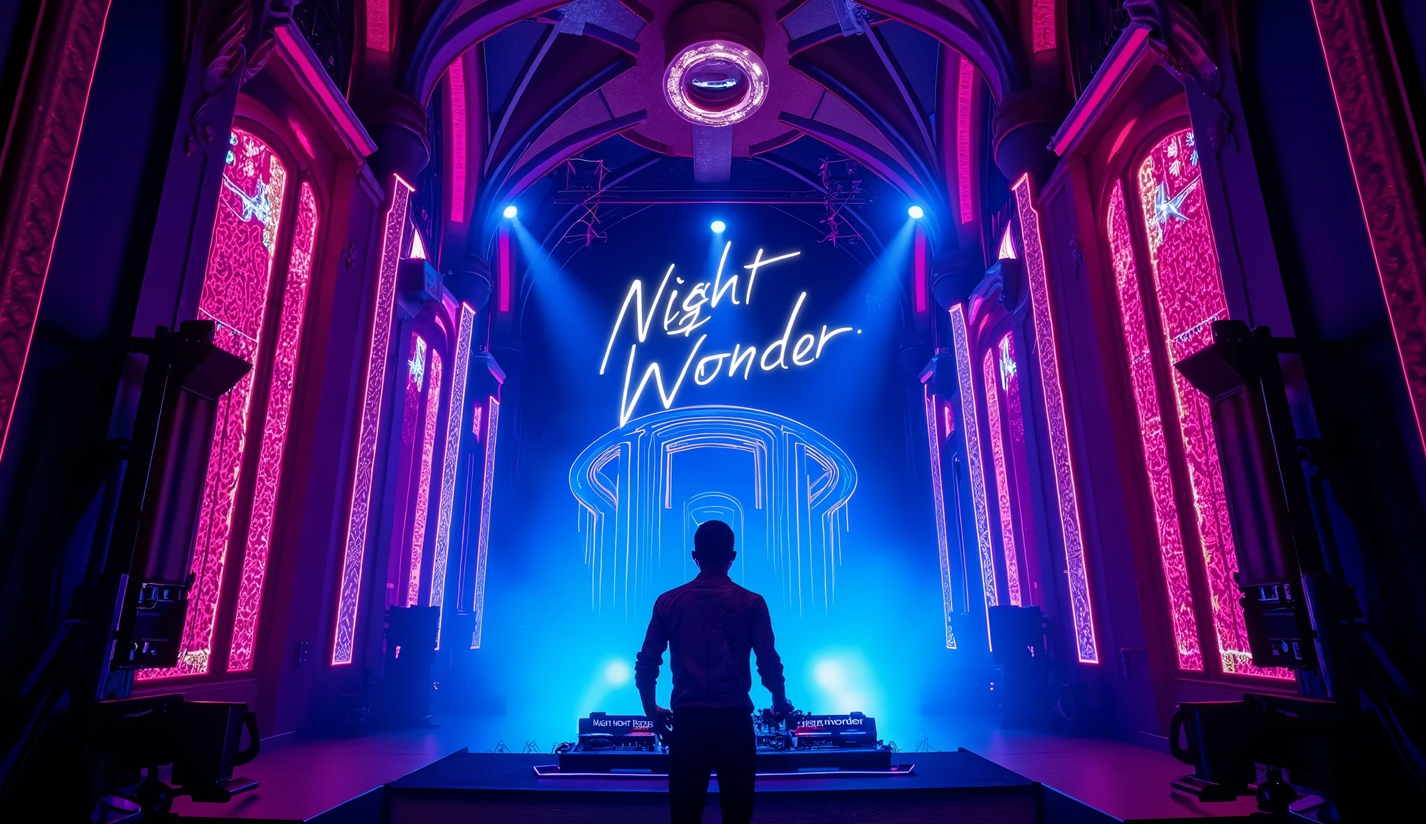 Image of a cool DJ playing music on the DJ table, on the stage with the words Night Wonder, in a dance hall space designed like a colorful, modern gothic cathedral