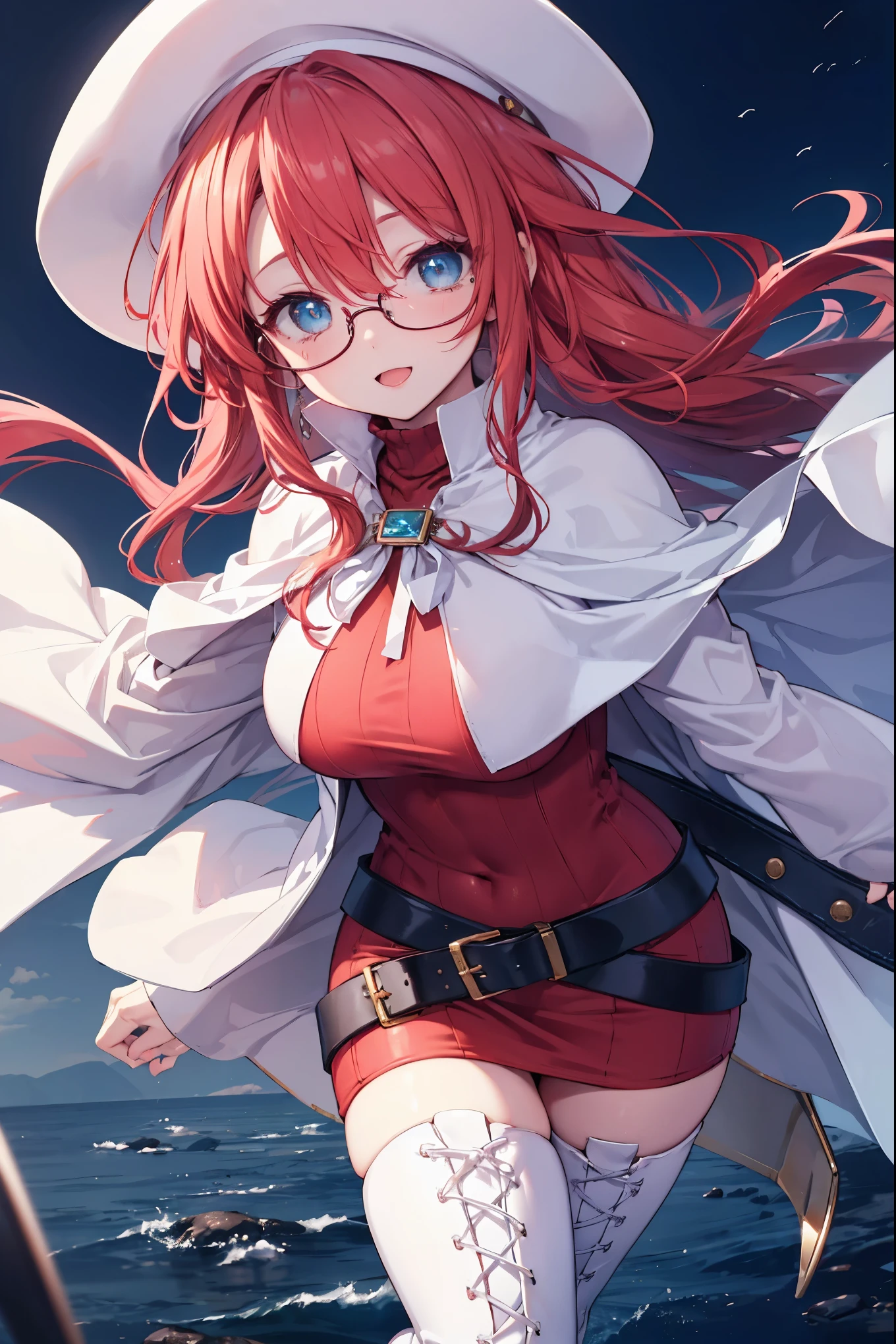 summonnightaty, aty, (young:1.3),long hair, blue eyes, red hair, big_tits, hat, glasses,
BREAK long hair, thighhighs, hat, dress, naked_legs, glasses, belt, cape, sweater, zettai ryouiki, beret, thigh boots, white footwear, ribbed sweater, loose belt,solo,
BREAK outdoors, fantasy,on_beach,
,Highquality_hads,perfect_fingers,
BREAK (masterpiece:1.2), best quality, high resolution, unity 8k wallpaper, (illustration:0.8), (beautiful detailed eyes:1.6), extremely detailed face, perfect lighting, extremely detailed CG, (perfect hands, perfect anatomy),covered_nipples,covered_navel ,half_eyes,long_sword,sleepy,red_sweater,apart_knees,magical_effect,spread_legs, have_a_book,teacher,rise_knee,Smile,rise_hand,look_down_viewer,spread_arms,sea_waves,looking_into,blue_sky,plump,open_mouth, dynamic_posing