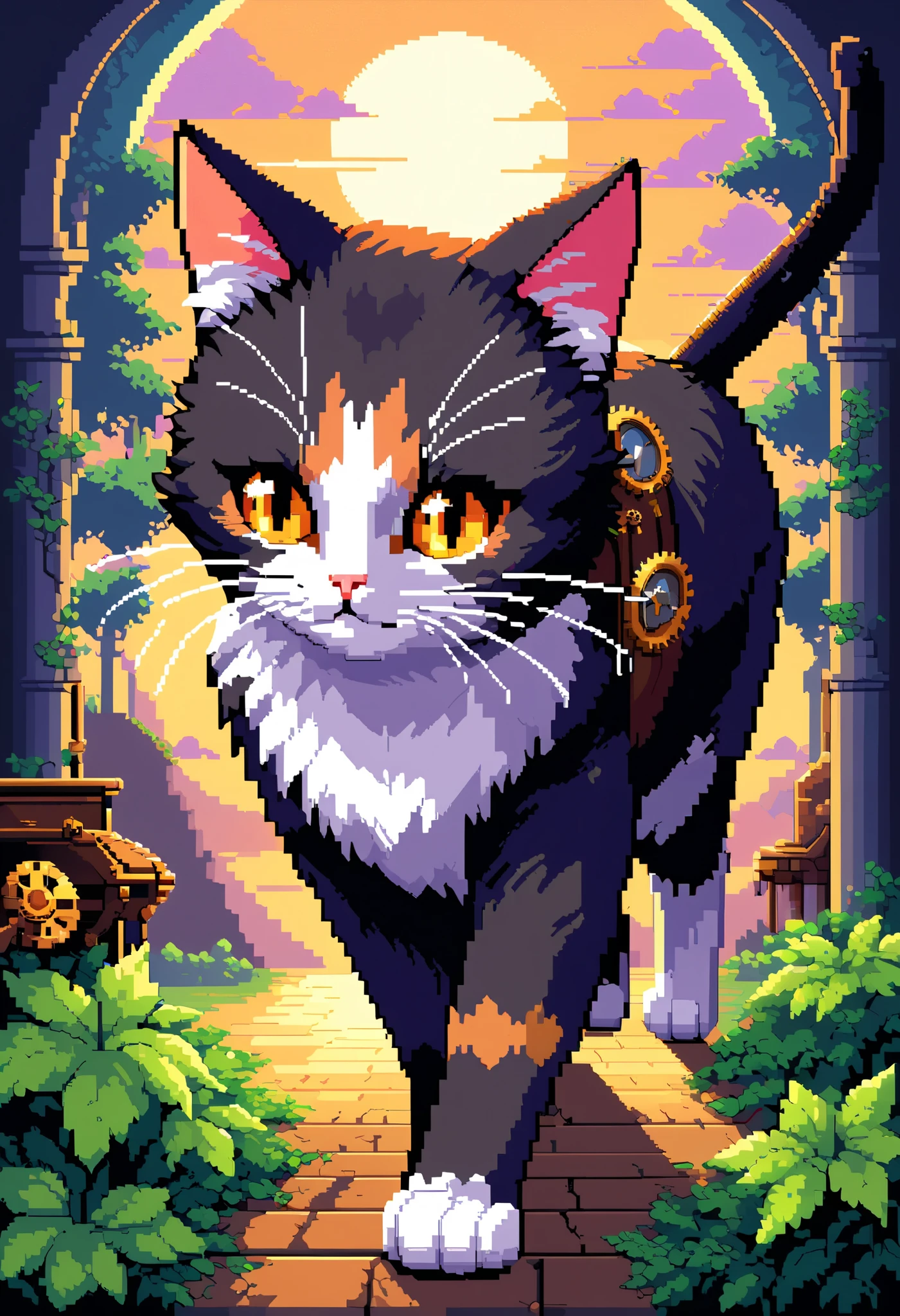 ( steampunk cat pixel art :1.3), (16-bit:1.3), (point:1.3), highlight point, cat walking in the natural light of the sunset , professionally drawn Preciseness, Each work is carefully drawn down to the details 、 expressed in rich colors ., Sensibility and depth 、 and breathtaking realism , complicated details, eye-catching , unparalleled stunning elaborate point work, high contrast, color contrast , wonderful use of large and small point, point線を表示する,