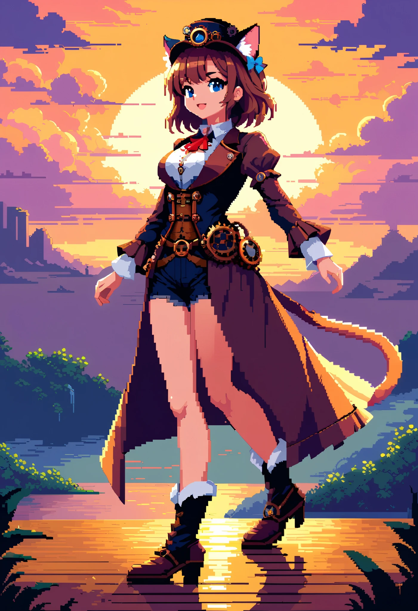 ( steampunk cat pixel art :1.3), (16-bit:1.3), (point:1.3), highlight point, cat walking in the natural light of the sunset , professionally drawn Preciseness, Each work is carefully drawn down to the details 、 expressed in rich colors ., Sensibility and depth 、 and breathtaking realism , complicated details, eye-catching , unparalleled stunning elaborate point work, high contrast, color contrast , wonderful use of large and small point, point線を表示する,