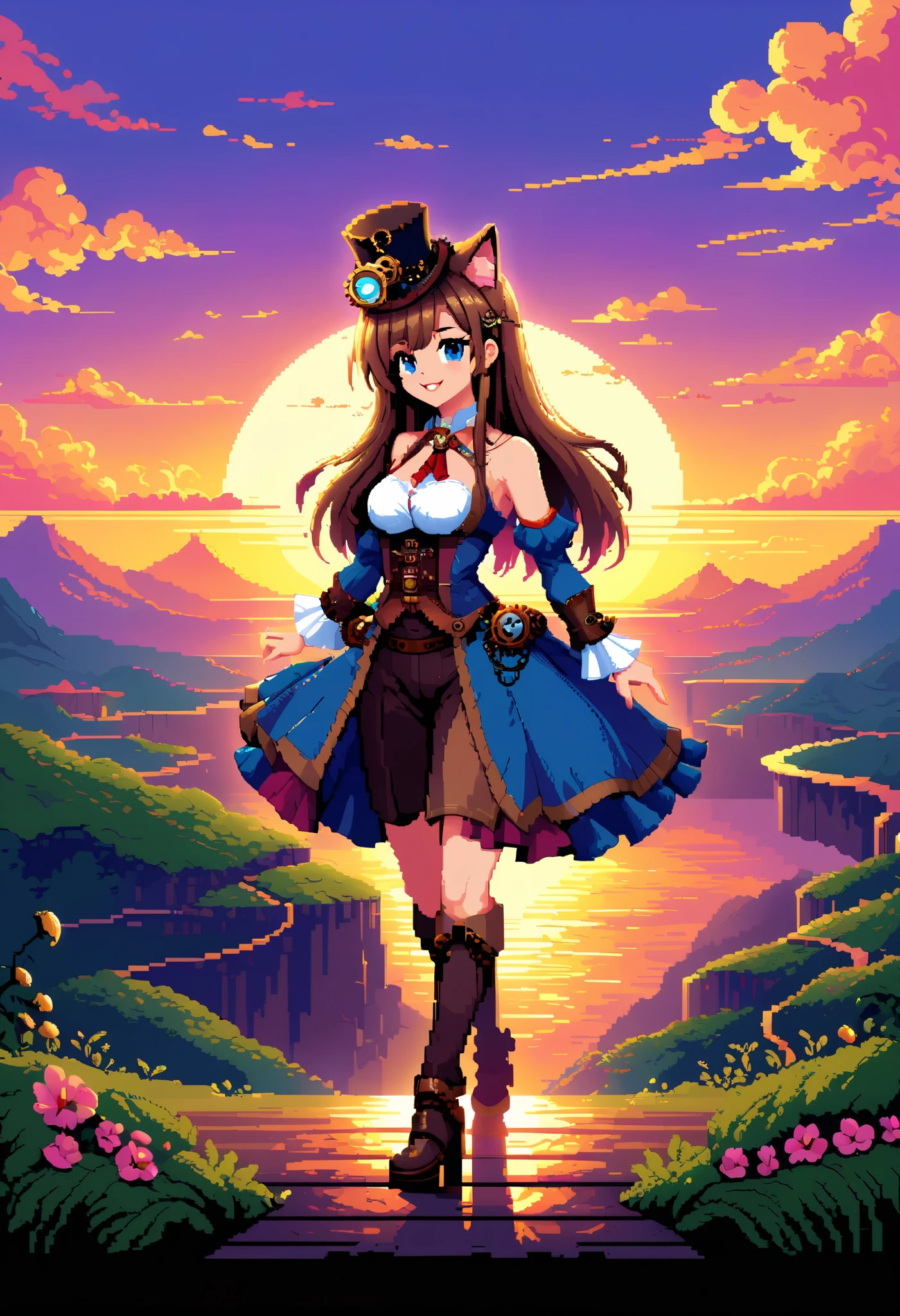( steampunk cat pixel art :1.3), (16-bit:1.3), (point:1.3), highlight point, cat walking in the natural light of the sunset , professionally drawn Preciseness, Each work is carefully drawn down to the details 、 expressed in rich colors ., Sensibility and depth 、 and breathtaking realism , complicated details, eye-catching , unparalleled stunning elaborate point work, high contrast, color contrast , wonderful use of large and small point, point線を表示する,