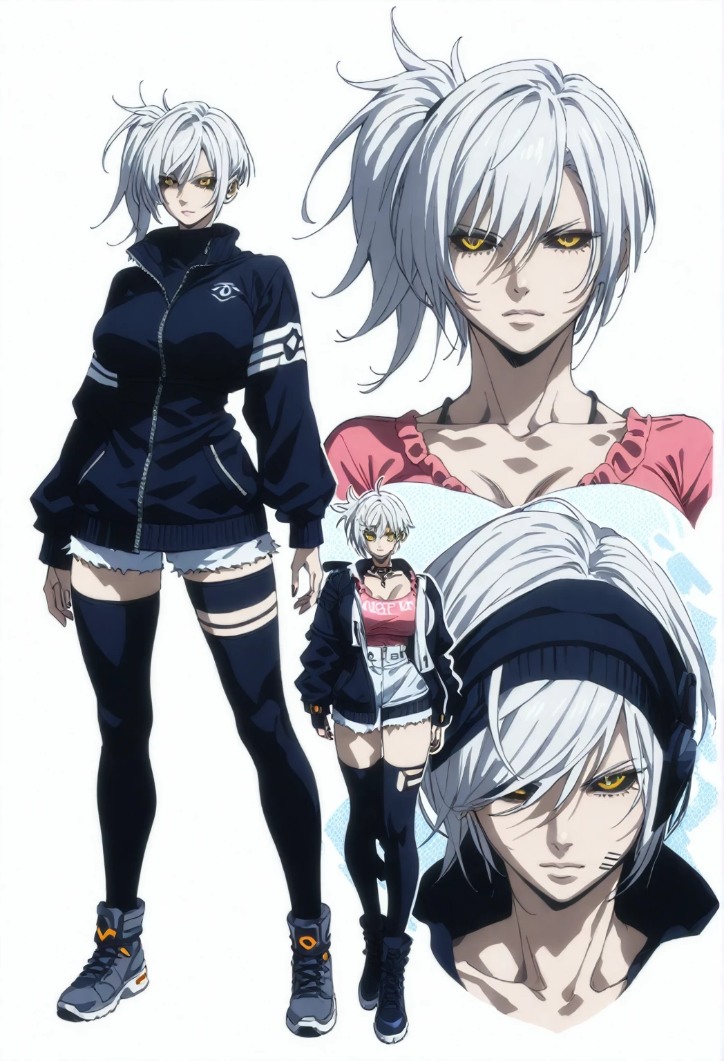 (masterpiece), best quality, silver eyes, perfect face, highres, 1girl, solo, angelms, white hair, white jacket, jeans, fingerless gloves, atacking pose, dancing around chains, evil smile, long boots, fanstasy background, cowboy shot, fullbody shot, looking at the viewer, from front, holding chains, long chain  whip