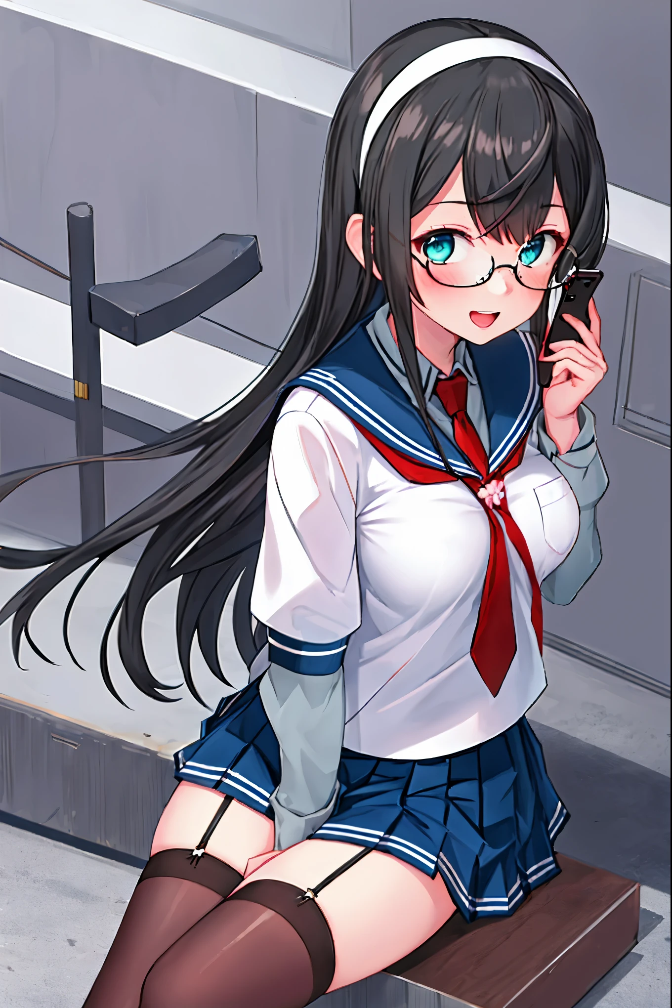 best quality, masterpiece, highres, solo, {ooyodo_kantaicollection:1.15}, black_hair, long_hair, glasses, hairband, semi-rimless_eyewear, under-rim_eyewear, blue_eyes, green_eyes, blush,small_breasts, 1girl, school_uniform, serafuku, pleats_skirt, looking_at_viewer, necktie, harbor_school_background, red_necktie,angry,smile,Proudly,thigh-highs,dynamic_posing