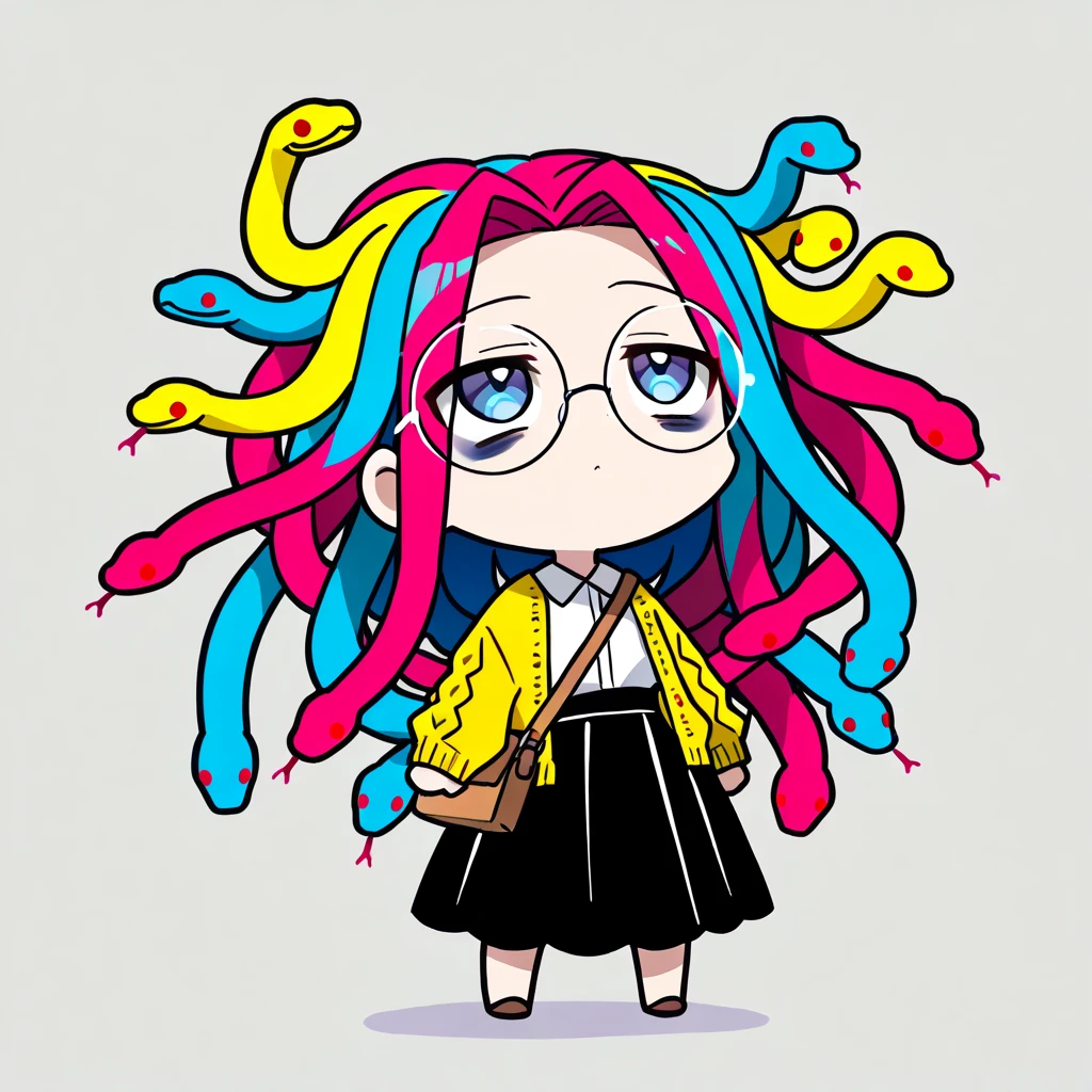 (The most amazing scene ever created:1.0), (Masterpiece:1.0), (Best Quality:1.0), (amazing quality:1.0), (sharpest focus:1.0), (anime style:1.0), (chibi style:1.0), (beautiful face and eye:1.2), 
(Depth of field:1.0), (super fine:1.0), (16k:1.0), (incredibly absurdres:1.0), (extremely detailed:1.0), (delicate and dynamic:1.0), (very aesthetic:1.0), (absurdres:1.0), (beautiful face and eye:1.2), (perfect :1.2), 
(very simple drawing:1.2), (chibi beautiful young medusa:1.3), (colorful snake with a lot of hair:1.5), (very large dark circles under eyes:1.3), (looking up in a languid daze:1.4), (Tattered cardigan and long skirt:1.2), 
(Tattered big shoulder bag:1.0), (round glasses:1.1), (Comical:1.2), (Deformed:1.3), (Comedy:1.4), (Standing in a daze:1.2), (Cute chbi beautiful young girl like a toy:1.4), (snake hair:1.2), (Large amount of snake hair:1.2), 
Vibrant colors, Mystical beauty, Fantastic beauty, unimaginable beauty, beauty beyond imagination, Overwhelmingly written images, 