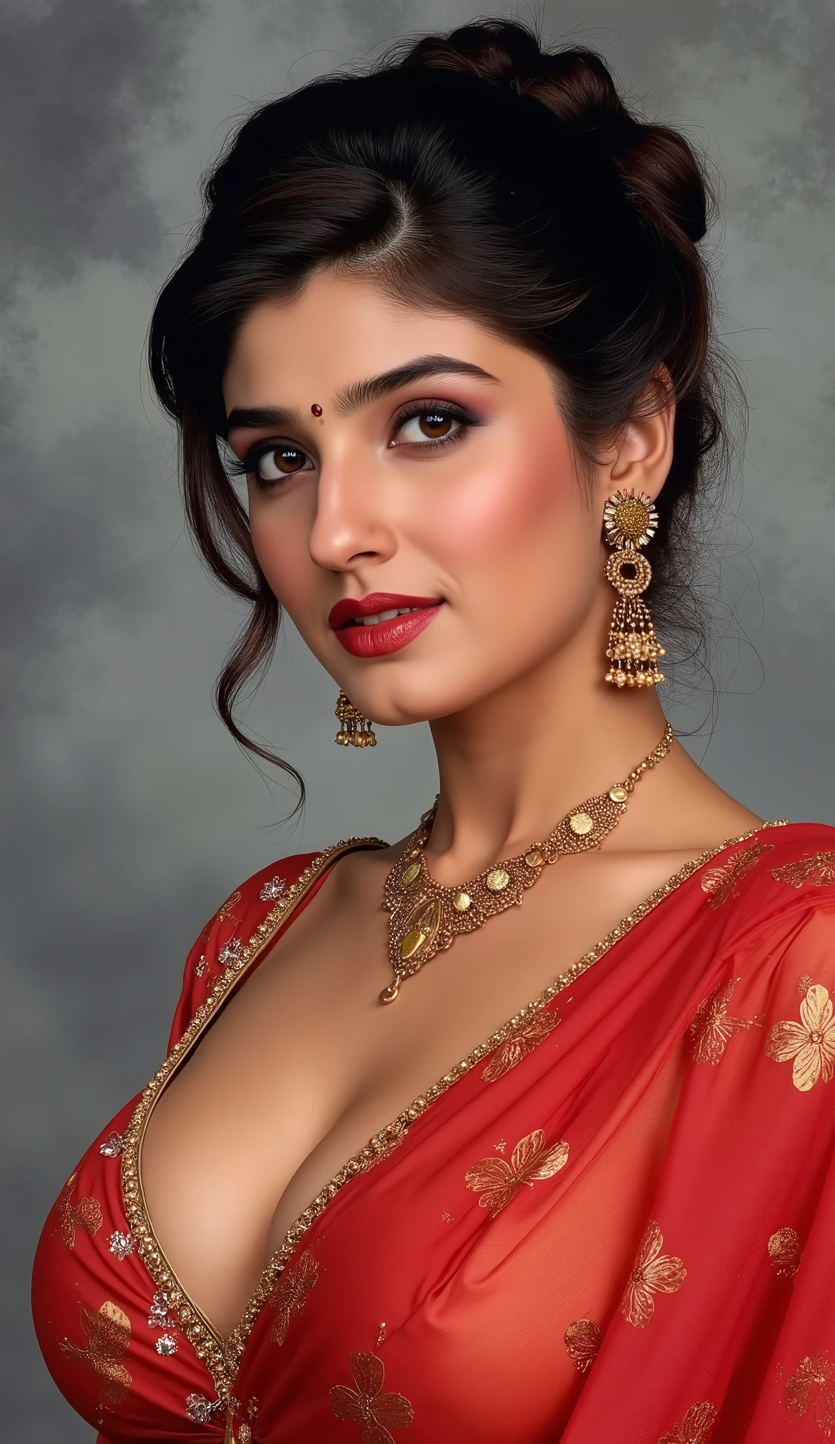perfect pink eyes, fantastic face, Indian, beautiful look, ((red lips, bright eyes, curve heir 1.5)), ((beautiful details very big breast )), (Straight round and ultra huge clevage, not sagging breast), A glorious gorgeous, glorious gorgeous face, pretty face, bright eyes, detailed elegant printed red saree, updo elegant hair, blurred gray tones background, ultra focus, face ilumined, face detailed, 8k resolution, painted, dry brush, brush strokes, razumov style and garmash style, by Tokaito, ((Full Open ))