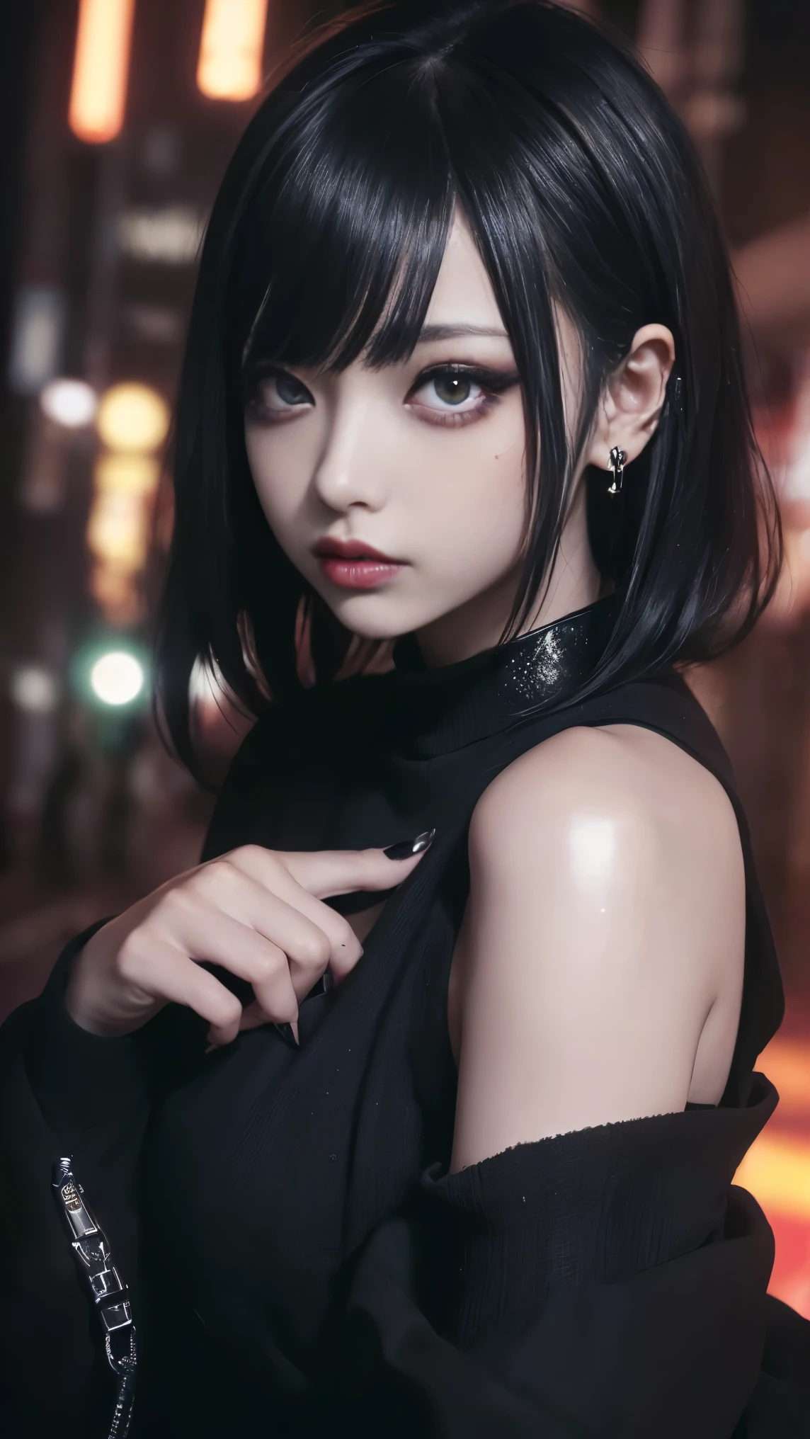 cinematic lighting、(Key Light:45 degrees forward , Supplementary light、 backlight、shadow、 blue and orange color scheme), accurate human body、Someone knowledgeable、Correct five fingers、 RAW photos、4K - ultra-vivid、 best quality, masterpiece, super high resolution, (reality: 1.4),
((( oil skin , sparkling skin 、 realistic skin texture、 detailed beautiful skin、 SHINY SKIN、 SHINY SKIN)))、
Beautiful young, 19歳の girl , 魅力的な girl , クールな girl 、 girl 、 miniskirt、 black mask、((赤いDark Makeup))、(( big breasted)) 、 girl 1人, 紫色の目, Off Shoulder Sweater Dress, cinematic lighting、 Purple and Black Hair、(Mine girl 、 gothic makeup 、My Makeup)、(Piercing Holes 、 big breasted、 oversized black t-shirt with open shoulders、ダーク miniskirt)、((dark makeup、 oil skin , growing skin on the right chest of the bra、 realistic skin texture、 fine and beautiful skin、 SHINY SKIN)), Dark city at night、Kabukicho、 Dark Cyberpunk 、( full shot:1.8)、Thin legs、Thin arms、Narrow shoulders、 Thin Waist、 slender body、 big breasted、whole body