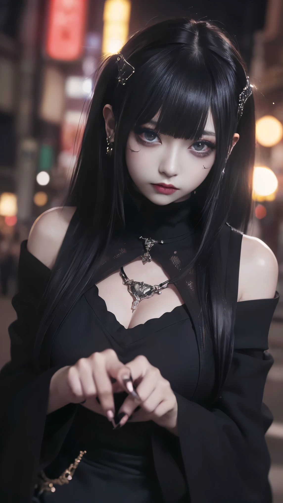 4k ultra high definition、best quality, masterpiece, Ultra-high resolution, (Reality: 1.4),  1 girl, Purple Eyes, Off-the-shoulder sweater dress, Light、purple and black hair、(My girl、My cosmetics)、(Danteidong、Large Breasts、Oversized off-the-shoulder black T-shirt、Dark miniskirt)、((Dark Makeup、Oily skin,有Light泽的皮肤、Realistic skin texture、Delicate and beautiful skin、容Light焕发的皮肤)), Dark city center at night、Kabukicho、Dark cyberpunk、(panoramic:1.8)