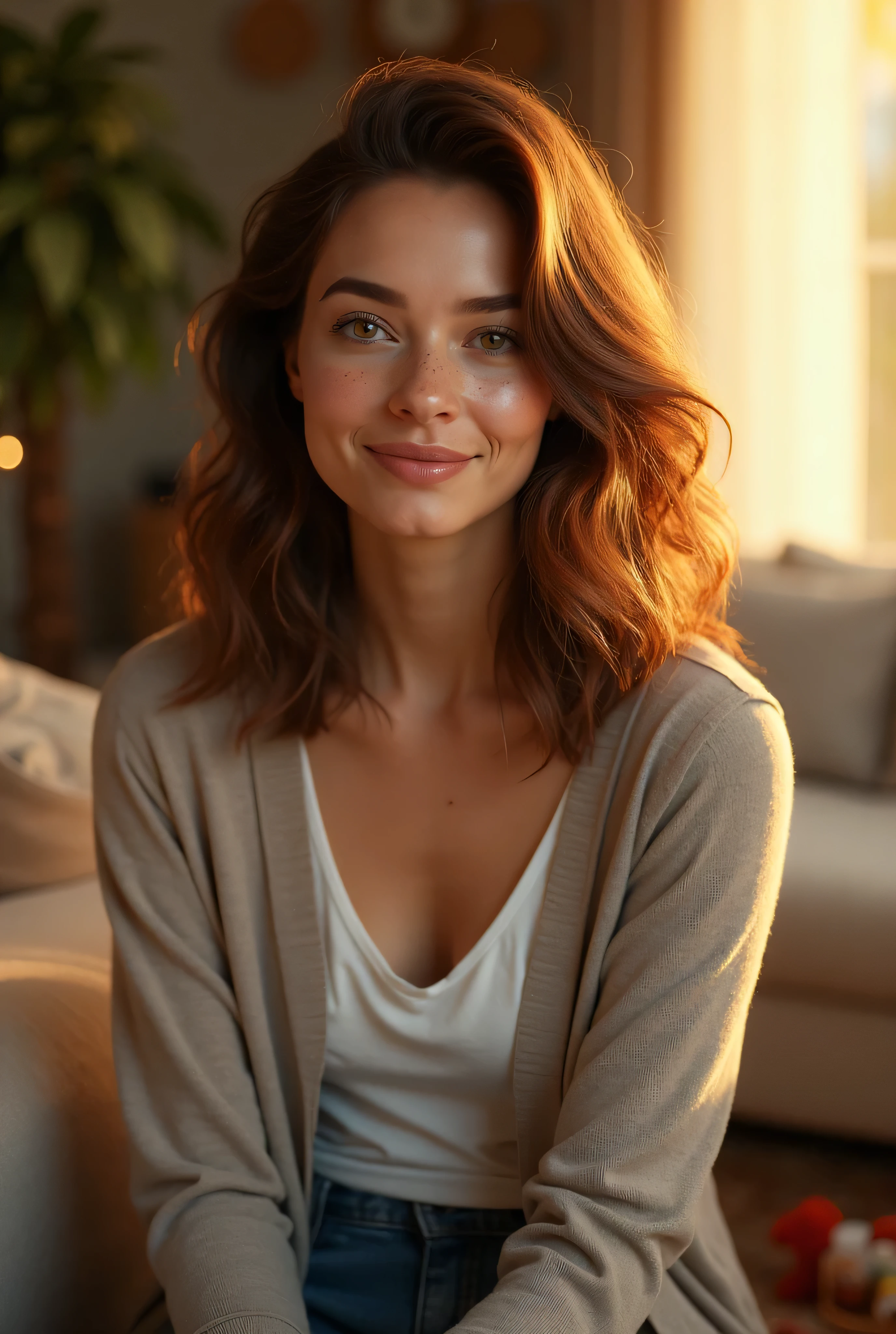 Arafed woman sitting on a couch in a living room - SeaArt AI
