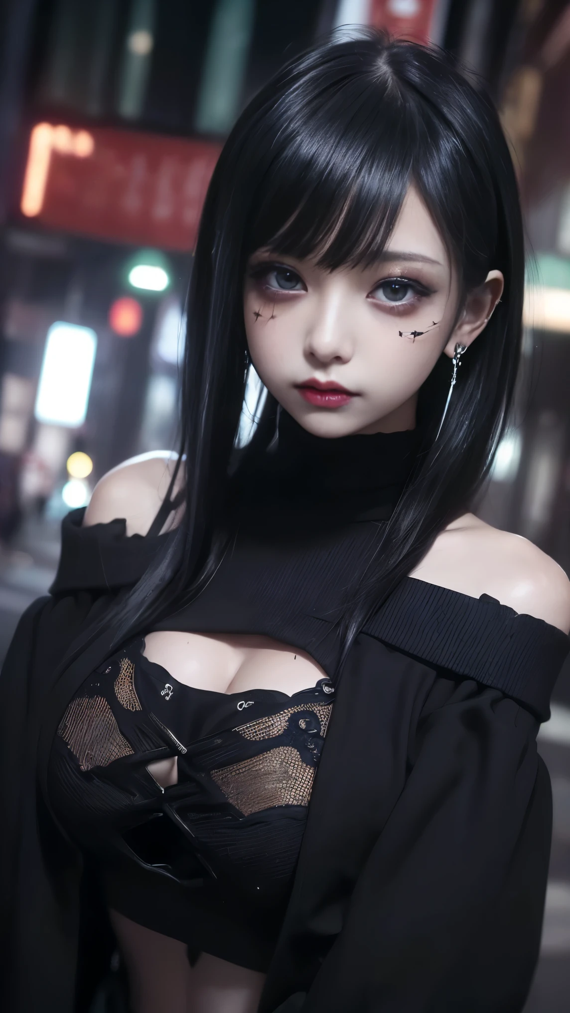 cinematic lighting、(Key Light:45 degrees forward , Supplementary light、backlit、shadow、 blue and orange color scheme), accurate human body、Someone knowledgeable、Correct five fingers、 RAW photos、4K - ultra-vivid、 best quality, masterpiece, super high resolution, (reality: 1.4),
((( oil skin , sparkling skin 、 realistic skin texture、 detailed beautiful skin、 SHINY SKIN、 SHINY SKIN)))、
Beautiful young, 19歳の girl , 魅力的な girl , クールな girl 、 girl 、 miniskirt、 black mask、((赤いDark Makeup))、(( big breasted)) 、 girl 1人, 紫色の目, Off Shoulder Sweater Dress, cinematic lighting、 Purple and Black Hair、(Mine girl 、 gothic makeup 、My Makeup)、(Piercing Holes 、 big breasted、 oversized black t-shirt with open shoulders、ダーク miniskirt)、((dark makeup、 oil skin , growing skin on the right chest of the bra、 realistic skin texture、 fine and beautiful skin、 SHINY SKIN)), Dark city at night、Kabukicho、 Dark Cyberpunk 、( full shot:1.8)、Thin legs、Thin arms、Narrow shoulders、 Thin Waist、 slender body、 big breasted、whole body