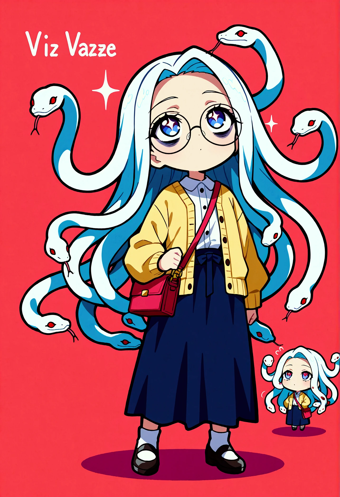 (The most amazing scene ever created:1.0), (Masterpiece:1.0), (Best Quality:1.0), (amazing quality:1.0), (sharpest focus:1.0), (anime style:1.0), (chibi style:1.0), (beautiful face and eye:1.2), 
(Depth of field:1.0), (super fine:1.0), (16k:1.0), (incredibly absurdres:1.0), (extremely detailed:1.0), (delicate and dynamic:1.0), (very aesthetic:1.0), (absurdres:1.0), (beautiful face and eye:1.2), (perfect :1.2), 
(very simple drawing:1.2), (chibi beautiful young medusa:1.3), (colorful snake with a lot of hair:1.5), (very large dark circles under eyes:1.3), (looking up in a languid daze:1.4), (Tattered cardigan and long skirt:1.2), 
(Tattered big shoulder bag:1.0), (round glasses:1.1), (Comical:1.2), (Deformed:1.3), (Comedy:1.4), (Standing in a daze:1.2), (Cute chbi beautiful young girl like a toy:1.4), (snake hair:1.2), (Large amount of snake hair:1.2), 
Vibrant colors, Mystical beauty, Fantastic beauty, unimaginable beauty, beauty beyond imagination, Overwhelmingly written images, 
