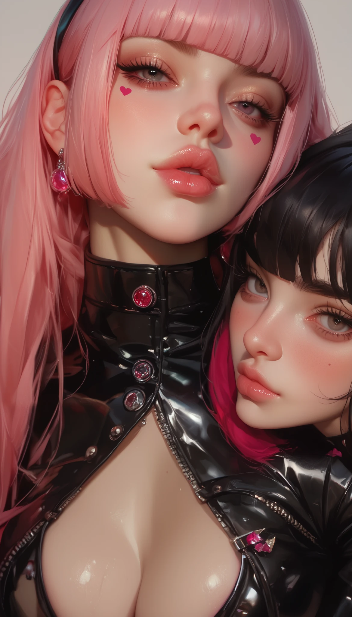  general plan , She is away from the camera , centered image:1.5,  black leather suit with open chest、 thick lips、Depression、20 years、Women、 cabello negro 、  red cheeks 、  pink lips、  long, straight hair、chelín、hime cut、  Simple background 、