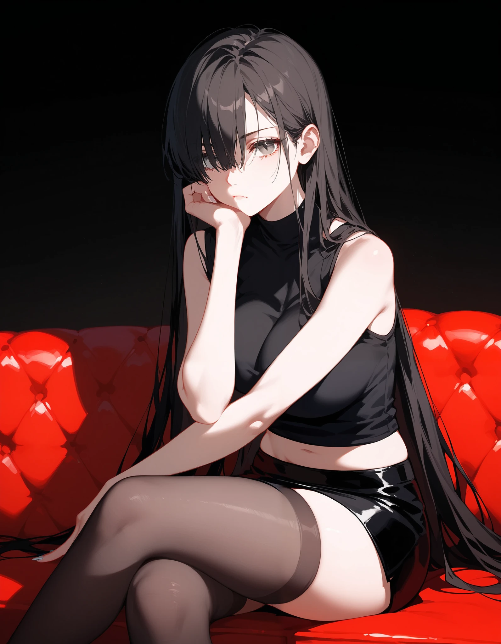 alone,girl,Black hair with gray , in light brown eyes ,Bangs,hair over right eyes,, Black T-Shirt ,thin,Long hair, sleeveless , Black Short Skirt, Black Stockings,numb ,thinบาง,Long sleeve shirt,Vampire Knight ,,lonely, with big breasts,Black theme ,Sitting on a red couch ,,Light white nails,bored,milf