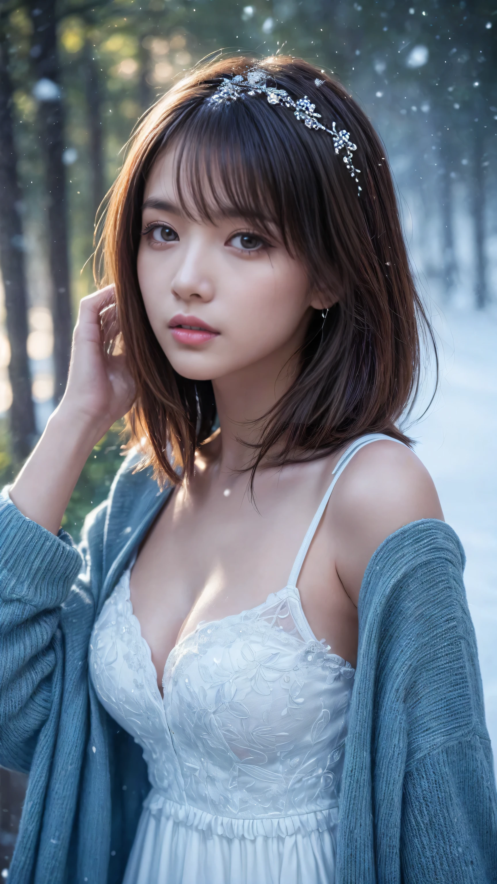 Beautiful young Snow Goddess with flowing blue accents in a long white dress , Standing in a Snowy Forest , Long flowing white hair dancing around her , Sparkling Spiritual Wind Spirit , gentle face , beautiful detailed eyes, lips with beautiful details, Very Detailed Face, long eyelashes, calm expression, Magical Fantastic Art , 4K, 8k, high resolution, masterpiece, Super details, Is present, photo Is present, vibrant colors, cinematic lighting, dramatic shadow , Epic fantasy landscape, Lush Evergreen Trees , Snowflake, volumetric fog, sparkling magical energy 、 Head to Toe Composition 、 full body view、,( very Detailed目, very Detailed顔), ( Is present にสุดๆ, high resolution ), ( top quality :1.4), ( top quality ), 5, Midea, 1 Girl , Is present skin texture that lasts deep into the middle of the night 、 Deep Night , ( Is present に, Is present :1.37), very Detailed, professional photography , (ultra realistic texture details: velvety skin, hair),((sharp focus, no blurr eyes, high resolution, absurd quality, Realistic brown_eyes:1.4),intricately detail:1.35),((extremely fine details eyes))((extra narrow eyebrows))(Carefully draw Long blue_eyelashes:1.2)(perfect round eyes:1.3).((finely detailed pupils:1.3))((extremely fine details pupils:1.3))((extremely fine details iris of the eyes:1.35))(Shining, mesmerizing, Vibrant eyes:1.22) , ( Is present , photo Is present :1.4), beautiful illustrations , perfect lighting, natural light, depth of field in fighting games , , watch viewers 、Realistic (photorealistic Realism), (high resolution), ((intricately detailed digital art)), professional photography, (portrait) a 1 Girl, soft saturation, Professional quality, Perfect contrast , perfect lighting, anatomically accurate,break, One Girl , On the way to night school , very short hair , cadmium green eyes, close eyes , Dark Skin , tanned skin , small breasts, Red bangs hairpin , break, dark blue blazer , tartan check skirt,
