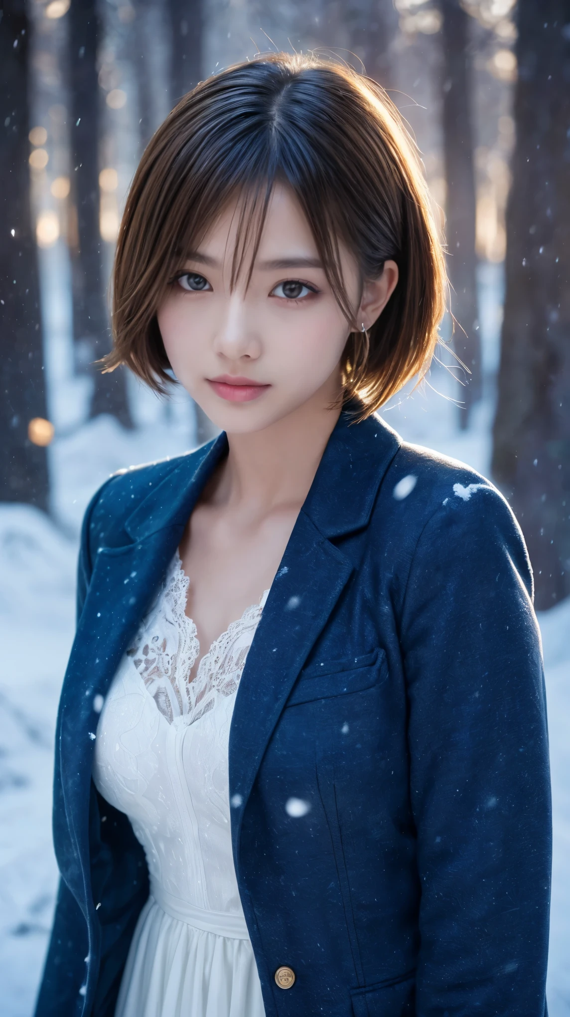Beautiful young Snow Goddess with flowing blue accents in a long white dress , Standing in a Snowy Forest , Long flowing white hair dancing around her , Sparkling Spiritual Wind Spirit , gentle face , beautiful detailed eyes, lips with beautiful details, Very Detailed Face, long eyelashes, calm expression, Magical Fantastic Art , 4K, 8k, high resolution, masterpiece, Super details, Is present, photo Is present, vibrant colors, cinematic lighting, dramatic shadow , Epic fantasy landscape, Lush Evergreen Trees , Snowflake, volumetric fog, sparkling magical energy 、 Head to Toe Composition 、 full body view、,( very Detailed目, very Detailed顔), ( Is present にสุดๆ, high resolution ), ( top quality :1.4), ( top quality ), 5, Midea, 1 Girl , Is present skin texture that lasts deep into the middle of the night 、 Deep Night , ( Is present に, Is present :1.37), very Detailed, professional photography , (ultra realistic texture details: velvety skin, hair),((sharp focus, no blurr eyes, high resolution, absurd quality, Realistic brown_eyes:1.4),intricately detail:1.35),((extremely fine details eyes))((extra narrow eyebrows))(Carefully draw Long blue_eyelashes:1.2)(perfect round eyes:1.3).((finely detailed pupils:1.3))((extremely fine details pupils:1.3))((extremely fine details iris of the eyes:1.35))(Shining, mesmerizing, Vibrant eyes:1.22) , ( Is present , photo Is present :1.4), beautiful illustrations , perfect lighting, natural light, depth of field in fighting games , , watch viewers 、Realistic (photorealistic Realism), (high resolution), ((intricately detailed digital art)), professional photography, (portrait) a 1 Girl, soft saturation, Professional quality, Perfect contrast , perfect lighting, anatomically accurate,break, One Girl , On the way to night school , very short hair , cadmium green eyes, close eyes , Dark Skin , tanned skin , small breasts, Red bangs hairpin , break, dark blue blazer , tartan check skirt,