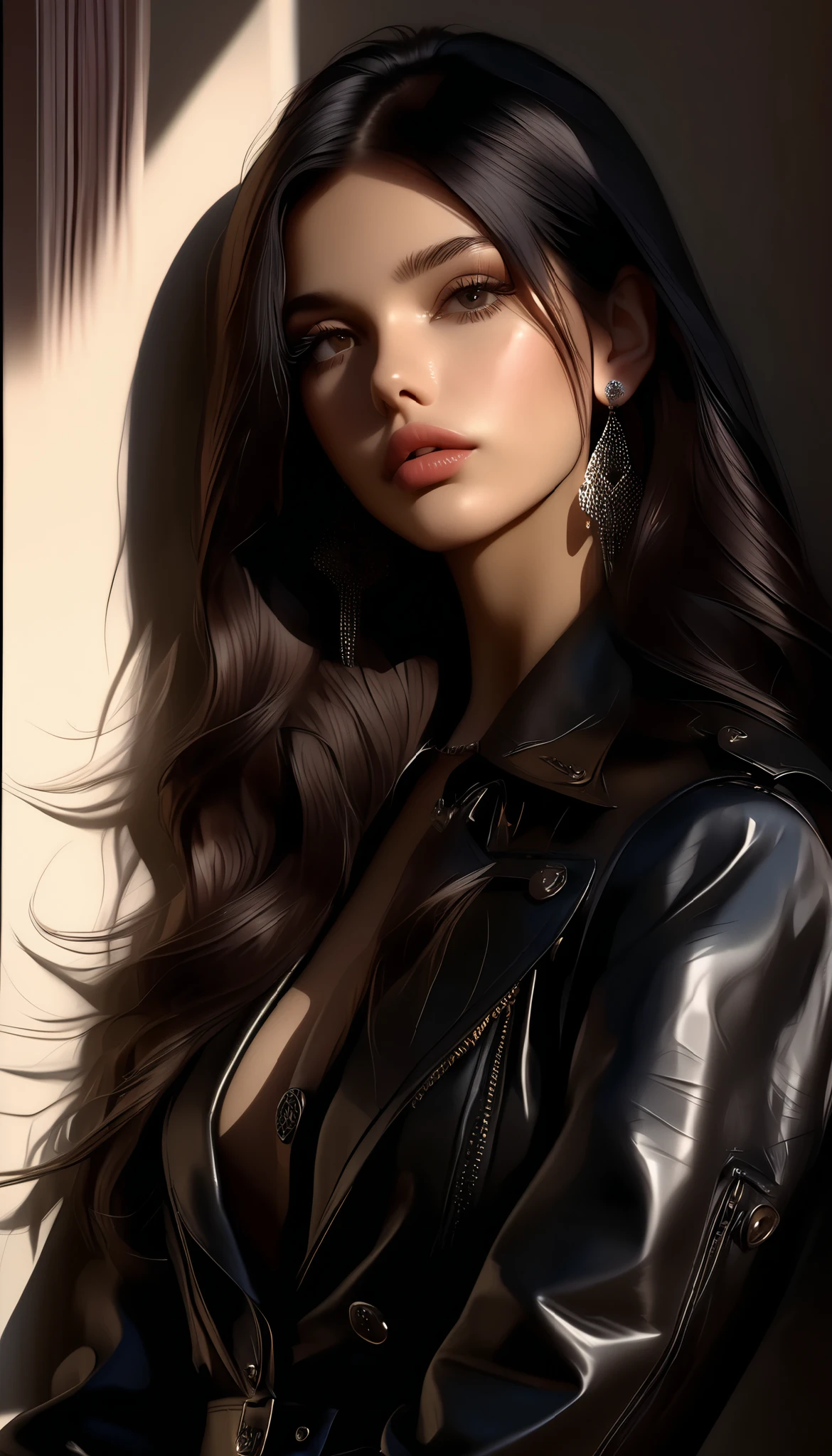 plano gran general, ella esta alejada de la cámara, imagen centrada:1.5, a woman with long, straight black hair, thick lips, rosy cheeks, open black leather outfit, 20 years old, depression, simple background, (best quality,4k,8k,highres,masterpiece:1.2),ultra-detailed,(realistic,photorealistic,photo-realistic:1.37),chiaroscuro lighting,dramatic lighting,dramatic shadows,high contrast,dramatic color palette,moody atmosphere,dark and moody