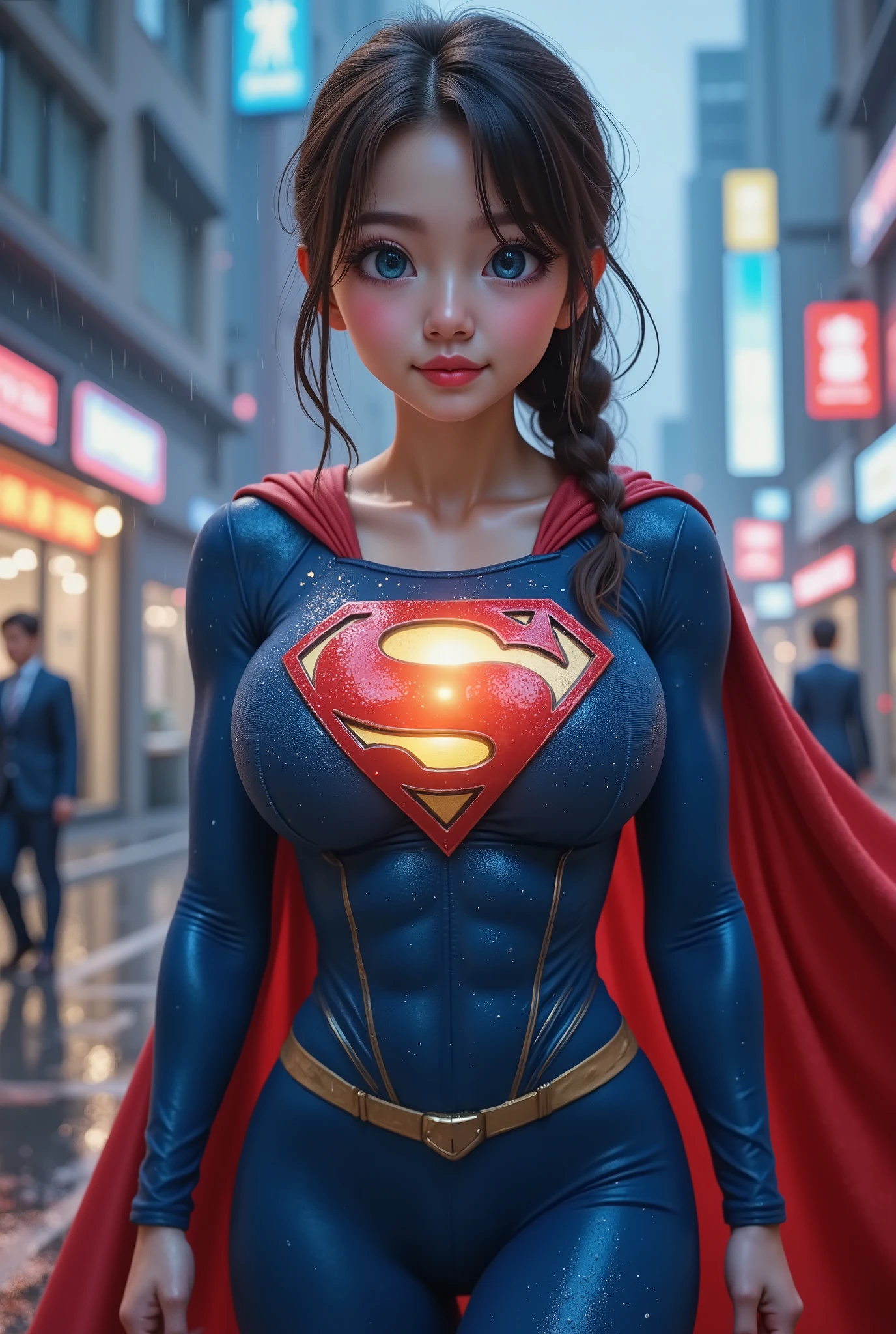 jun wearing a white t-shirt, thick vertical striped pants, shopping in a busy city street, detailed face, beautiful eyes, vivid colors, highly detailed, 8k, photorealistic, concept art, vibrant cityscape, neon lights, dynamic pose, Hi3JTS, breasts