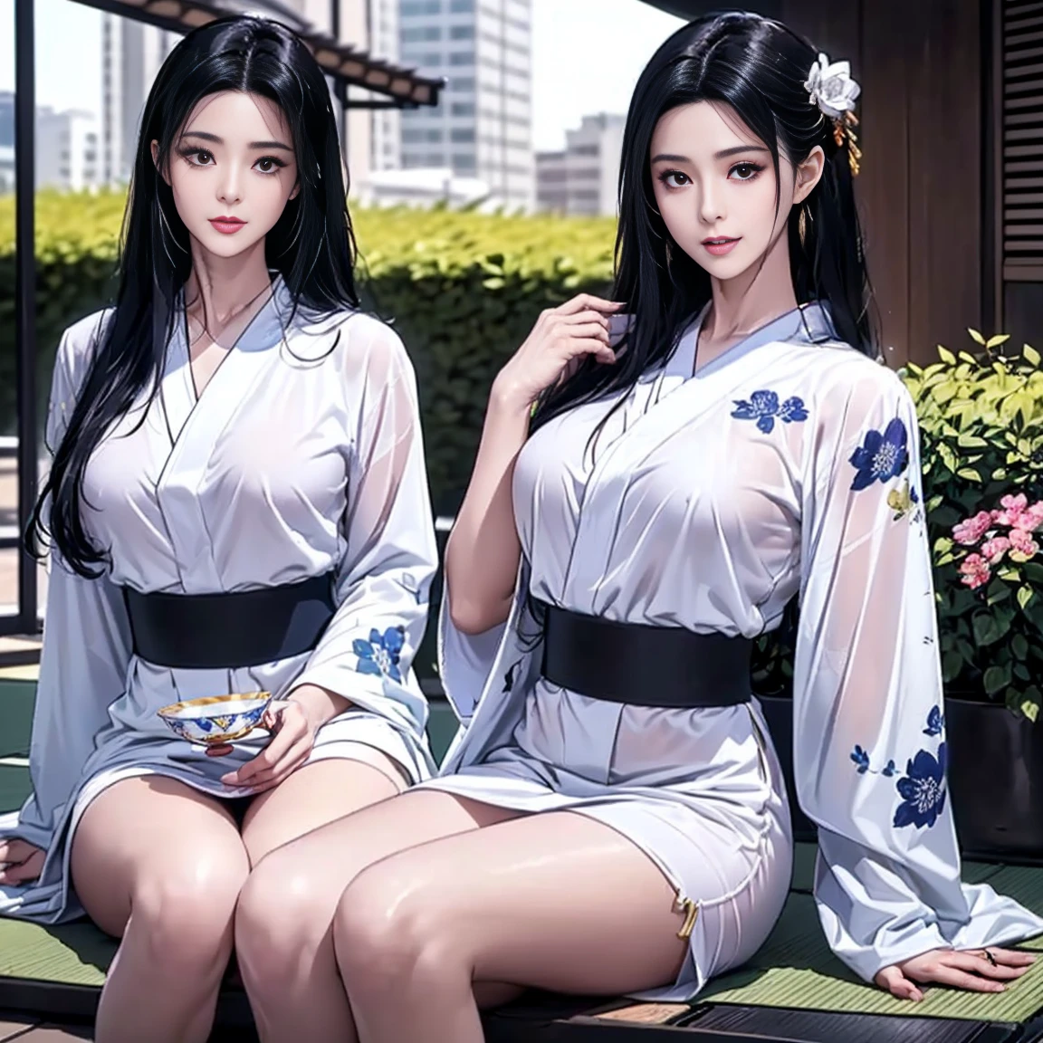 ((Emma Watson)) and (((Sarah Hyland))), (((wearing short sexy kimonos))), (((standing in a massage parlor))), shy, worried, hiding, ((face blushing)), (((hands between legs))), (minimal jewelry), choker, ((embarrassed pose)), (((perfect hands)))
