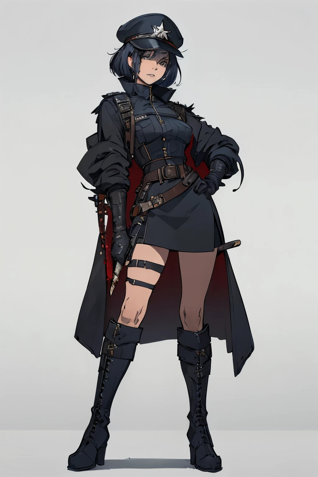 ((Plain background 1:2)) (Cammy White Street Fighter white silver short bob haircut) Female full body standing straight symmetrical looking to the viewer RED full body armored (handcuffs, shackles, rerebrace, faulds, poleyn, gauntlets, leather collar choker, gloves, gauntlets, high boots bootstraps, black stockings) 2 crossing big belt under belly button, navel, abs, garter straps belts attaching bra ((hands on hips)) view from below, wide hips - choppy bangs, arched crescent eyebrows, sharp and determined eyes, a delicate oval face, a serious expression, a fantasy-style dark green military coat, draped with a dark red cloak, leather combat boots, silver greaves leggings, this character embodies a finely crafted fantasy style female military officer in anime style, exquisite and mature manga art style, pale skin, big breast knockers cleavage,