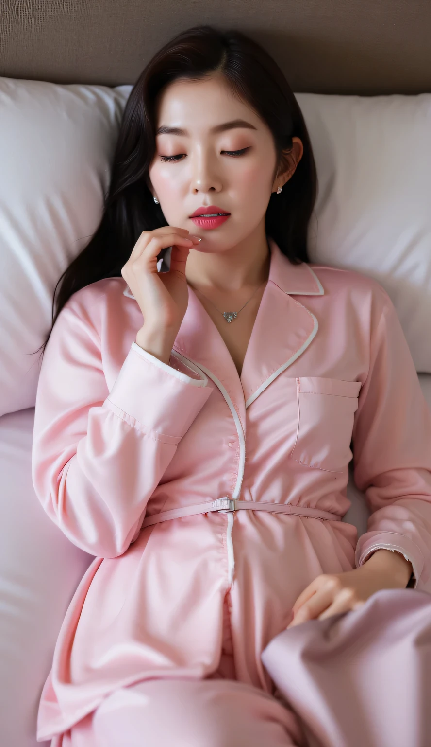 an office lady, sleeping on your back on the mattress , finger biting, facing the camera, using an oversized sleeping shirt in pink satin material unbuttoned , underwearless, use long sleeper pants in pink satin, big boobs, red lips