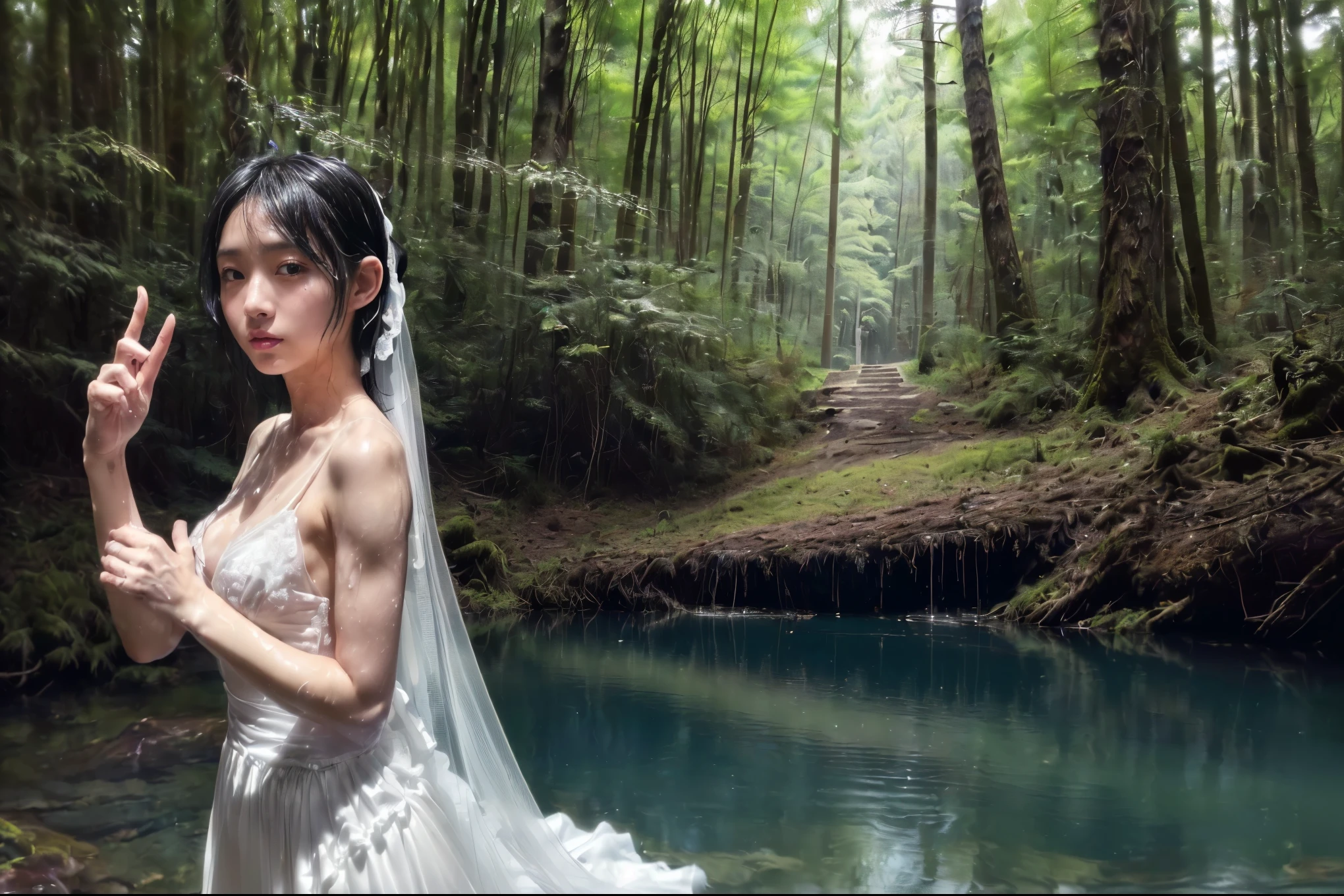 (((8K1.4)))、((((nsfw)))(((          Masterpiece 1          .4)))、(((wlop1.4、)))、(((         Best quality 1.4、)))、(((Very detailed 1.4)))、(((Low Angle Shot 1.4)))、(((  bathingする美女1 .4)))、(((Perfect Shading)))、(((                 full body shot             ))) 、(((          1 photo、)))、((( Commercial Photography )))、(((50mm film          )))、(((Japanese Woman 1.4)))、(((Deep in the forest、   Dark Forest   、A beautiful woman bathing )))、(((       barefoot、corolla.White Veil 、 white dress    )))、(((Bride 1                  .4))、((Front angle 1          .4 )))、((( Standing 1 .4)))、((( BM I 24                  .0 )))、((( bathing )))、(((Small Breasts 1.4)))、(((Female body )))、 (((          Attractive Body       )))、(((                  this is a super realistic masterpiece           、)))、(((         COMPLETE ANATOMY         )))、((( Black Hair 1.4、 length、pattsun maegami       )))、((Attractive lines)))、(((          sweaty body、Sweaty skin)))、((( Age 25)))、((( 5 finger body 1          .4)))、(((Sweaty skin 1.4))).(((              Real Me ST My C Dense Skin     )))、(((          very cute face     )))