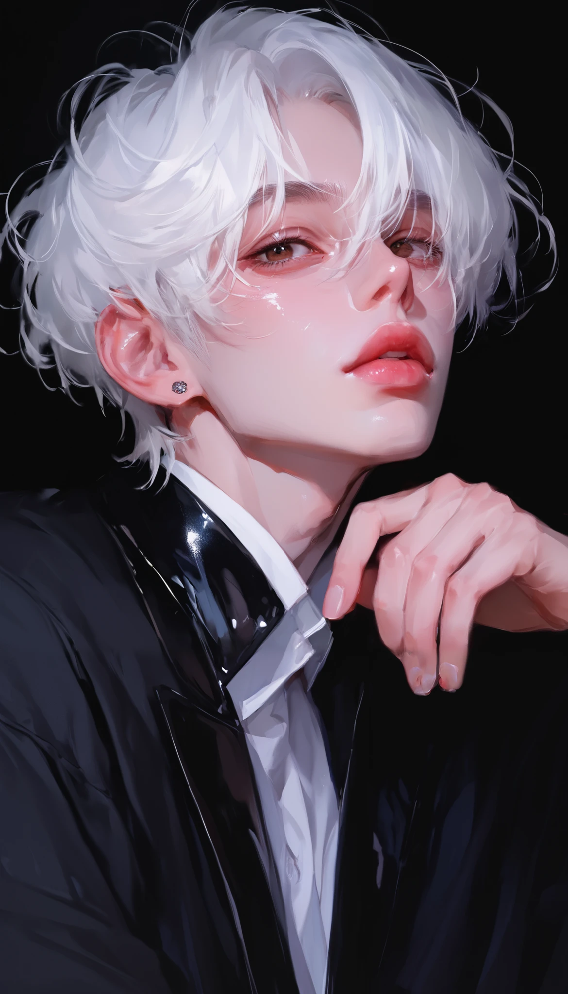 masterpiece, Male focus, 1 man, pretty boy, solitary, pure white hair, short hair, ONLY WHITE HAIR. black background, dark brown eyes, Upper Body, personal, close up, neutral expression. simple black clothes, simple background, big lips. full lips. glossy lips. long eyelashes. Cinematic, Masterpiece, High Resolution, Best Quality,semi-realistic art , semi-realistic art style, expressive brushstrokes, vibrant brushstrokes, impressionistic painting, realistic skin, realistic hair, realistic details, photo-realistic, high details