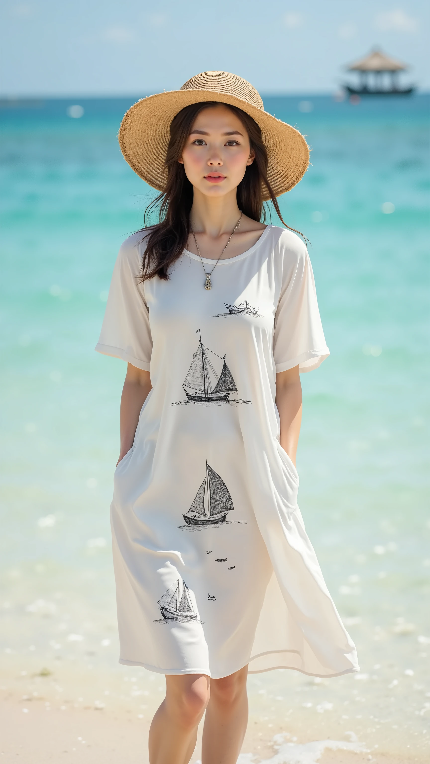 UHD, 16k, Masterpiece, top quality, Surrealism, Korean middle-aged woman, ((broad brim straw hat)), (( fair and clean skin)), (( White midi dress, dress with short sleeves and loose A-line silhouettes, minimalist black graphic prints depicting abstract shapes and boats or sailboats, pockets on the side of the dress, simple brown sandals, small fish-shaped pendant on a simple necklace, summer beach,)) ((seductive pose))