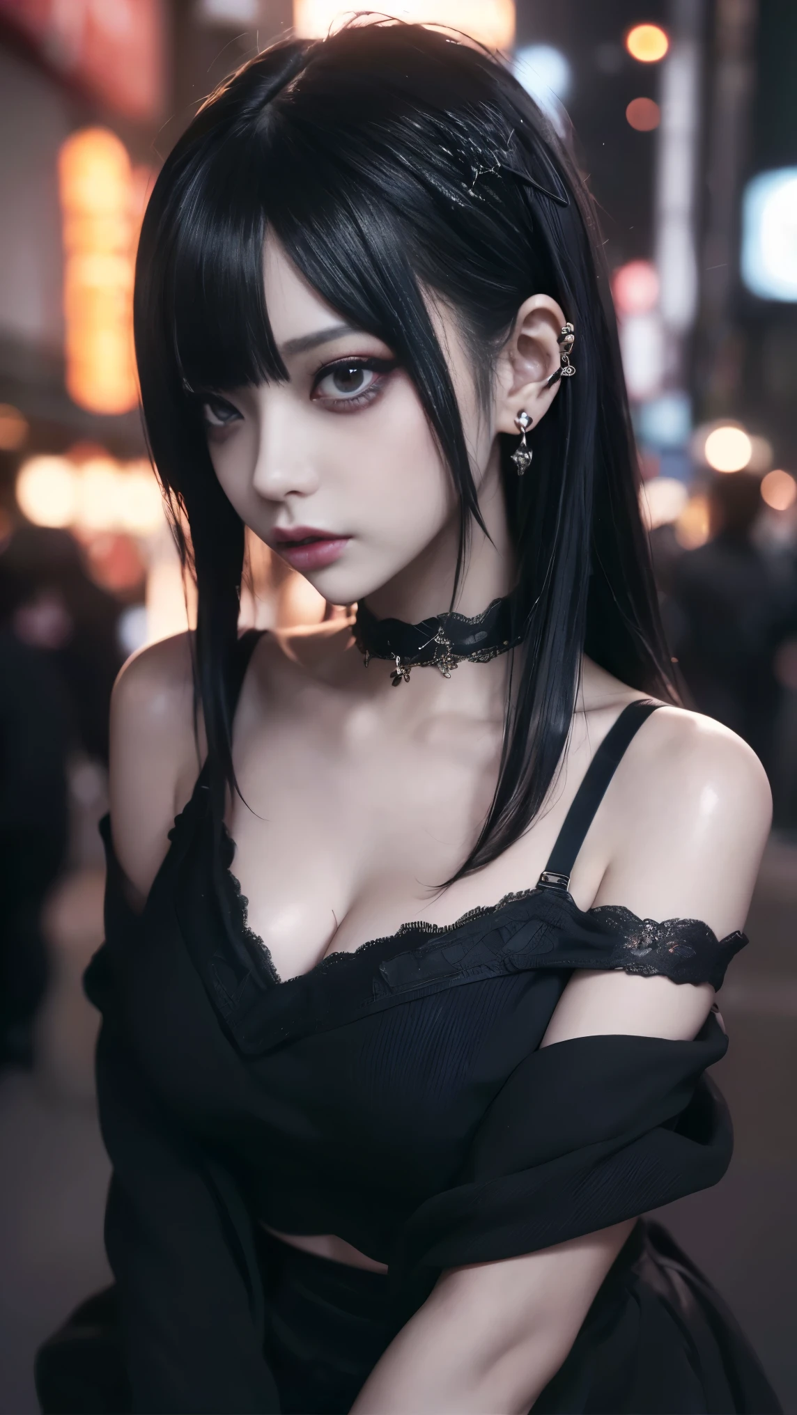  cinematic lighting、(Key Light：45 degrees forward , Supplementary light、 backlight、shadow、 blue and orange color scheme),  accurate human body、Someone knowledgeable、Correct five fingers、 RAW photos、4K - ultra-vivid、 best quality, masterpiece,   super high resolution, (reality: 1.4), 


((( oil skin ,  sparkling skin  、 realistic skin texture、 detailed beautiful skin、  SHINY SKIN、  SHINY SKIN)))、

Beautiful young,  19歳の girl  , 魅力的な girl , クールな girl 、 girl 、 miniskirt、 black mask、((赤いDark Makeup))、(( big breasted)) 、  girl 1人, 紫色の目, Off Shoulder Sweater Dress,  cinematic lighting、 Purple and Black Hair、(Mine  girl 、 gothic makeup 、My Makeup)、(Piercing Holes 、 big breasted、 oversized black t-shirt with open shoulders、ダーク miniskirt)、((dark makeup、 oil skin , growing skin on the right chest of the bra、 realistic skin texture、  fine and beautiful skin、  SHINY SKIN)), Dark city at night、Kabukicho、 Dark Cyberpunk 、( full shot:1.8)、Thin legs、Thin arms、Narrow shoulders、 Thin Waist、 slender body、 big breasted、whole body