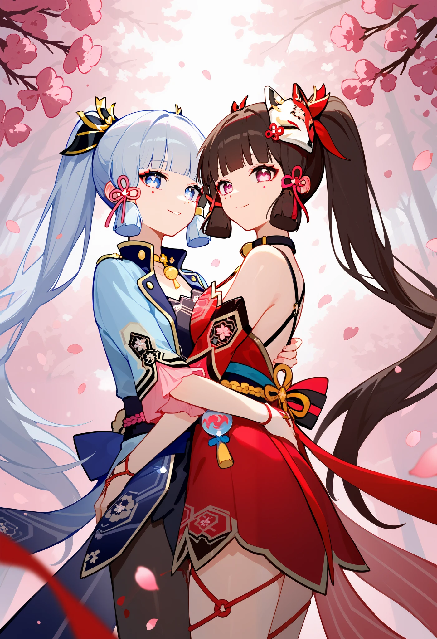 Embracing Ayaka and Sparkle together in the same photo with a different hairstyle , Both are women, Kamisato Ayaka is the character from the video game Genshin Impact and Sparkle is the character from the video game Honkai Star Rrail, They are completely different and different characters both . woman Kamisato Ayaka Keeps her long blue white hair tied in a high ponytail with a shielded headdress Her bangs are straight cut , with two front locks of their hair on the sides By knots of pink flowers of 3 petals . Her light blue-gray eyes are accompanied by thick eyelashes and a mole under her left eye . Sparkle with dark brown hair tied in two tall pigtails and fastened with crimson ribbons . Her hair reaches her hips ; on each side of her face , She has pink tips , medium bangs and side bangs that vary in length . She has a small tattoo of a cherry blossom on her back and her right collarbone , fluorescent pink eyes with a light-colored butterfly detail under her pupils and small black dots under each of her eyes. Besides, a kitsune mask in white and red with a pink flower jewel on her forehead is angled on the top of his head . Underneath it, a black collar piece hangs another bell , and a bell is tied to her hair . Sparkle wears a short red kimono with no sleeves or back , with thin straps that cross over the black . Sparkle DOES NOT repeat Ayaka's hairstyle because they are different. Sparkle with dark brown hair tied in two tall pigtails and fastened with crimson ribbons . Her hair reaches her hips ; on each side of her face , She has pink tips , medium bangs and side bangs that vary in length , Sparkle's signature mask Sparkle does not have two front locks of her hair on the sides separated by knots of pink flowers of 3 Ayaka petals since she has a unique hairstyle both.