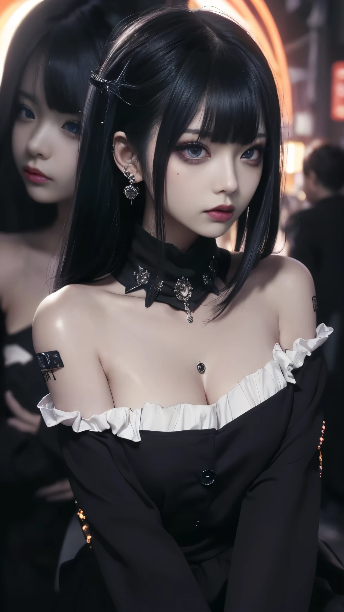  cinematic lighting、(Key Light：45 degrees forward , Supplementary light、 backlight、shadow、 blue and orange color scheme),  accurate human body、Someone knowledgeable、Correct five fingers、 RAW photos、4K - ultra-vivid、 best quality, masterpiece,   super high resolution, (reality: 1.4), 


((( oil skin ,  sparkling skin  、 realistic skin texture、 detailed beautiful skin、  SHINY SKIN、  SHINY SKIN)))、

Beautiful young,  19歳の girl  , 魅力的な girl , クールな girl 、 girl 、 miniskirt、 black mask、((赤いDark Makeup))、(( big breasted)) 、  girl 1人, 紫色の目, Off Shoulder Sweater Dress,  cinematic lighting、 Purple and Black Hair、(Mine  girl 、 gothic makeup 、My Makeup)、(Piercing Holes 、 big breasted、 oversized black t-shirt with open shoulders、ダーク miniskirt)、((dark makeup、 oil skin , growing skin on the right chest of the bra、 realistic skin texture、  fine and beautiful skin、  SHINY SKIN)), Dark city at night、Kabukicho、 Dark Cyberpunk 、( full shot:1.8)、Thin legs、Thin arms、Narrow shoulders、 Thin Waist、 slender body、 big breasted、whole body