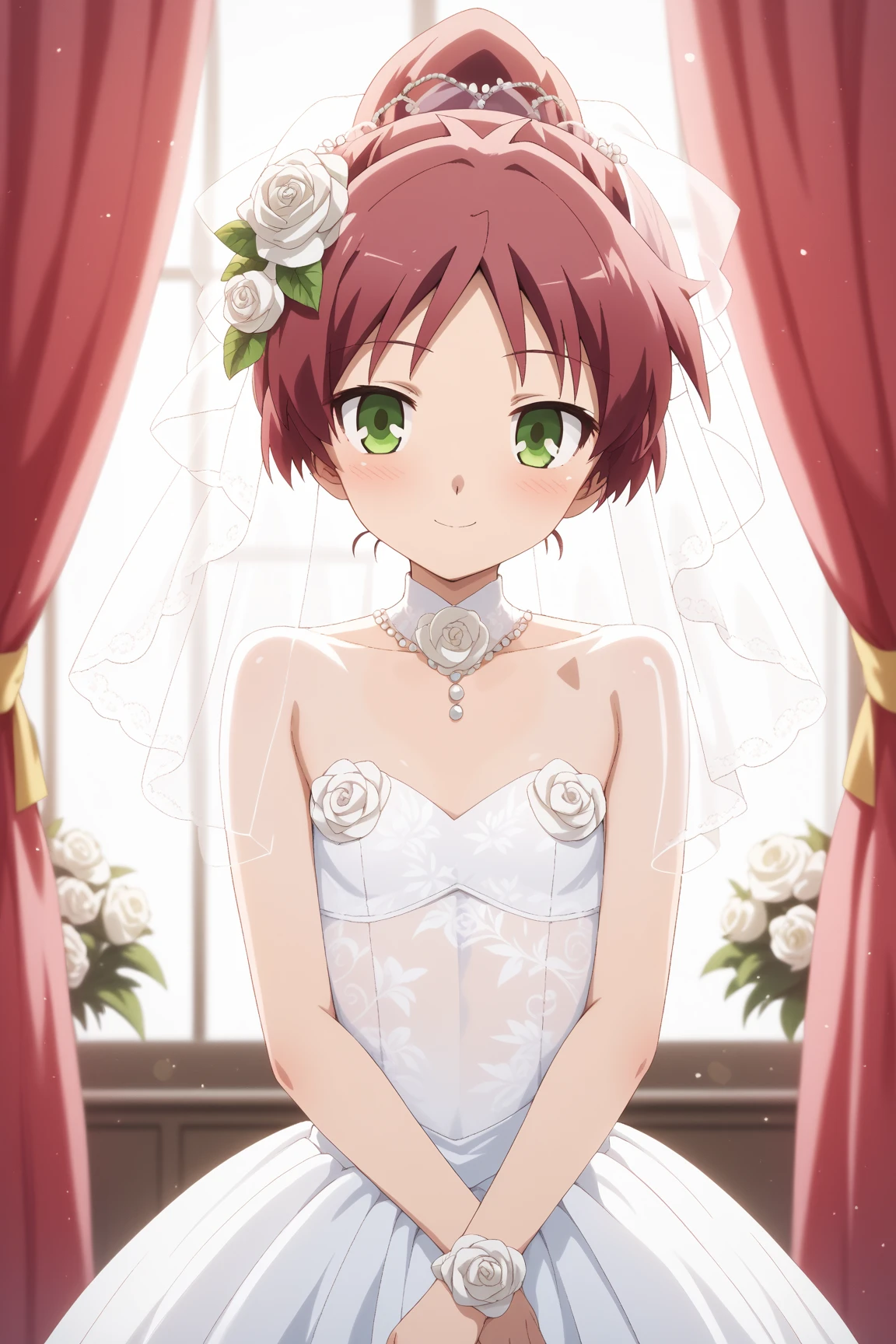 masterpiece, best quality, highres, akana, short hair, red eyes,wedding dress, white dress, garden, holding bouquet, confetti,Shoulder Bare、midriff peek、bare legs、very Long veil、(She showed off her white panties:1.5)