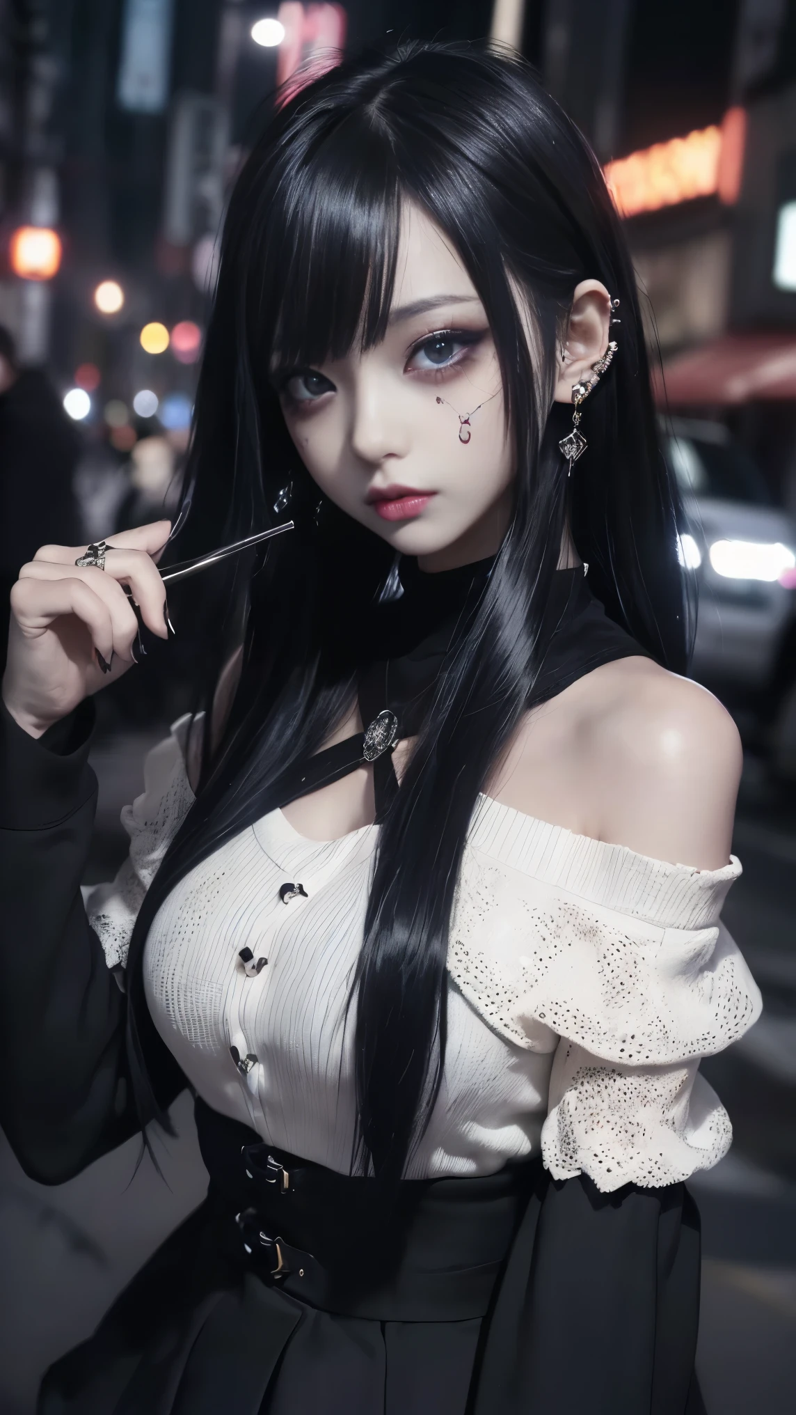 cinematic lighting、(Key Light:45 degrees forward , Supplementary light、 backlight、shadow、 blue and orange color scheme), accurate human body、Someone knowledgeable、Correct five fingers、 RAW photos、4K - ultra-vivid、 best quality, masterpiece, super high resolution, (reality: 1.4),
((( oil skin , sparkling skin 、 realistic skin texture、 detailed beautiful skin、 SHINY SKIN、 SHINY SKIN)))、
Beautiful young, 19歳の girl , 魅力的な girl , クールな girl 、 girl 、 miniskirt、 black mask、((赤いDark Makeup))、(( big breasted)) 、 girl 1人, 紫色の目, Off Shoulder Sweater Dress, cinematic lighting、 Purple and Black Hair、(Mine girl 、 gothic makeup 、My Makeup)、(Piercing Holes 、 big breasted、 oversized black t-shirt with open shoulders、ダーク miniskirt)、((dark makeup、 oil skin , growing skin on the right chest of the bra、 realistic skin texture、 fine and beautiful skin、 SHINY SKIN)), Dark city at night、Kabukicho、 Dark Cyberpunk 、( full shot:1.8)、Thin legs、Thin arms、Narrow shoulders、 Thin Waist、 slender body、 big breasted、whole body