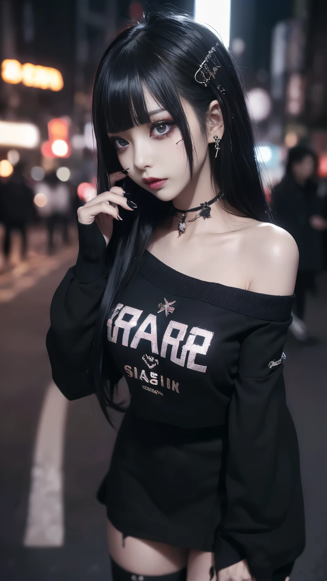  cinematic lighting、(Key Light：45 degrees forward , Supplementary light、 backlight、shadow、 blue and orange color scheme),  accurate human body、Someone knowledgeable、Correct five fingers、 RAW photos、4K - ultra-vivid、 best quality, masterpiece,   super high resolution, (reality: 1.4), 


((( oil skin ,  sparkling skin  、 realistic skin texture、 detailed beautiful skin、  SHINY SKIN、  SHINY SKIN)))、

Beautiful young,  19歳の girl  , 魅力的な girl , クールな girl 、 girl 、 miniskirt、 black mask、((赤いDark Makeup))、(( big breasted)) 、  girl 1人, 紫色の目, Off Shoulder Sweater Dress,  cinematic lighting、 Purple and Black Hair、(Mine  girl 、 gothic makeup 、My Makeup)、(Piercing Holes 、 big breasted、 oversized black t-shirt with open shoulders、ダーク miniskirt)、((dark makeup、 oil skin , growing skin on the right chest of the bra、 realistic skin texture、  fine and beautiful skin、  SHINY SKIN)), Dark city at night、Kabukicho、 Dark Cyberpunk 、( full shot:1.8)、Thin legs、Thin arms、Narrow shoulders、 Thin Waist、 slender body、 big breasted、whole body