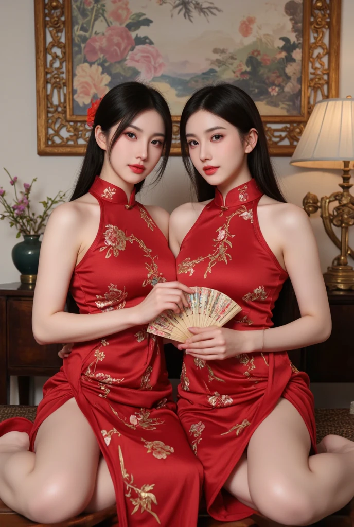 high resolution, adult woman , good lighting, despicable, , (no nudity), (((chinese dress))), (()), ((())), (garter belt), just abdomen, (), , cute face, yo'I'm embarrassed and blushed, humiliating, ((Turn around and look back)), ((transparentes))()(T-back)(a large amount is in the body,)