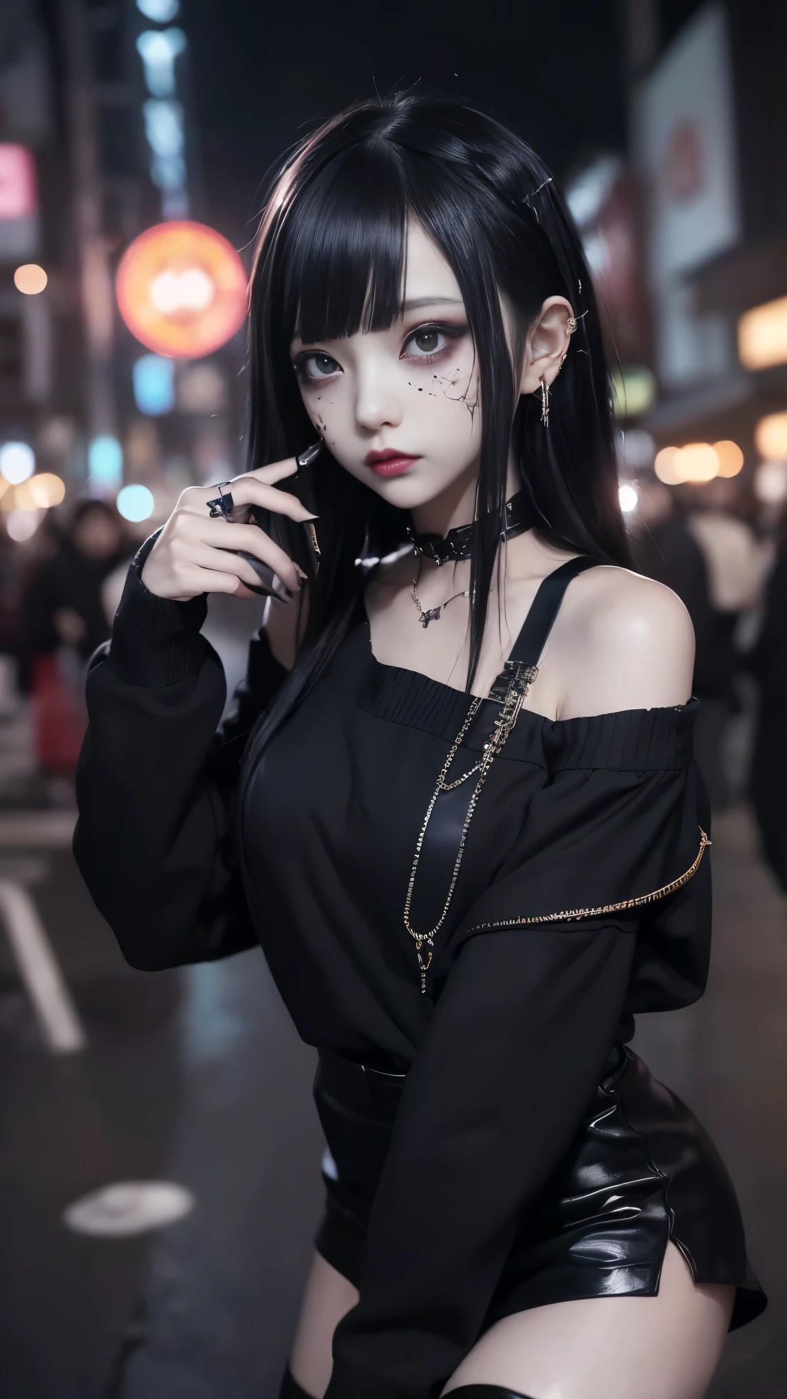 cinematic lighting、(Key Light:45 degrees forward , Supplementary light、 backlight、shadow、 blue and orange color scheme), accurate human body、Someone knowledgeable、Correct five fingers、 RAW photos、4K - ultra-vivid、 best quality, masterpiece, super high resolution, (reality: 1.4),
((( oil skin , sparkling skin 、 realistic skin texture、 detailed beautiful skin、 SHINY SKIN、 SHINY SKIN)))、
Beautiful young, 19歳の girl , 魅力的な girl , クールな girl 、 girl 、 miniskirt、 black mask、((赤いDark Makeup))、(( big breasted)) 、 girl 1人, 紫色の目, Off Shoulder Sweater Dress, cinematic lighting、 Purple and Black Hair、(Mine girl 、 gothic makeup 、My Makeup)、(Piercing Holes 、 big breasted、 oversized black t-shirt with open shoulders、ダーク miniskirt)、((dark makeup、 oil skin , growing skin on the right chest of the bra、 realistic skin texture、 fine and beautiful skin、 SHINY SKIN)), Dark city at night、Kabukicho、 Dark Cyberpunk 、( full shot:1.8)、Thin legs、Thin arms、Narrow shoulders、 Thin Waist、 slender body、 big breasted、whole body