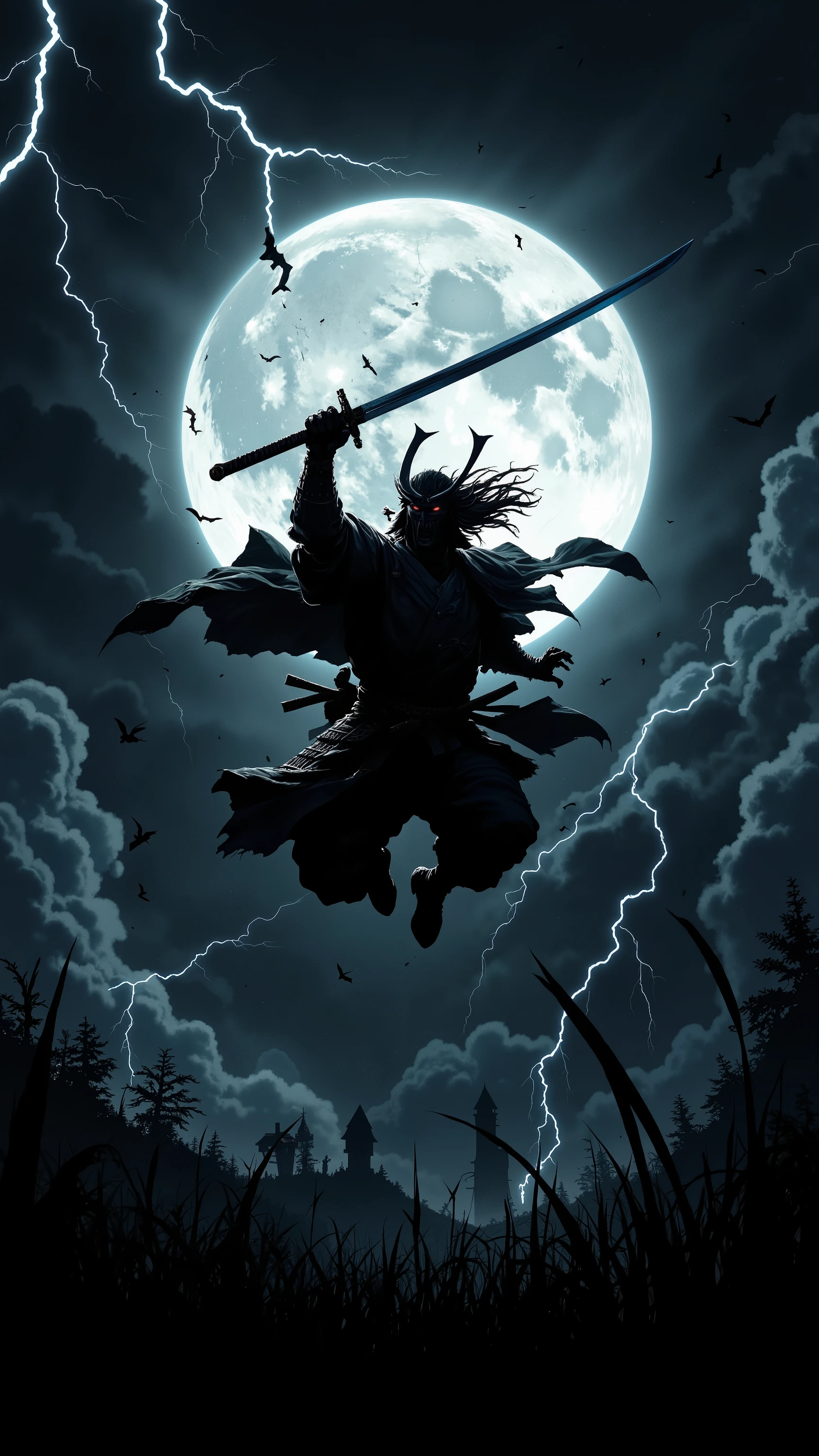 Silhouette of samurai jumping, full moon background, lightning bolts, dark sky, grass silhouette, Japanese characters, dramatic