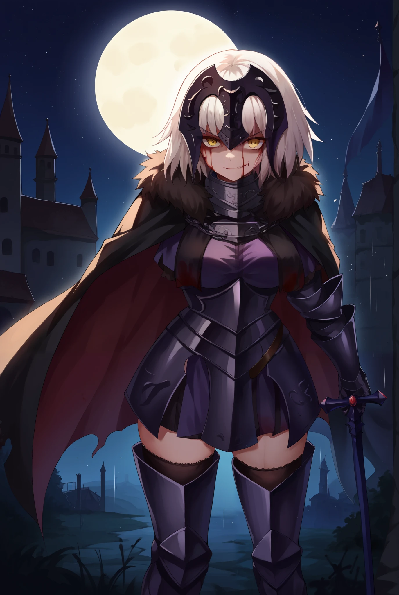 score_9, score_8_ top, score_7_ top, score_6_ top,score_5_ top,score_4_ top, source_ anime BREAK 1 girl  , One,  shot, Jeanne _ armored ,  white hair,  short hair,  yellow eyes ,  hat ,  black armor , breastplate,  short dress , armored skirt , order,  undercover ,  metal collar ,  fur bolero , cloak, belt, sheath, thighhighs, armored boots , stockings under boots,  blood on clothes ,  big breasts,  wide hips,  outdoor , battlefield,  medieval , Night, moon, rain,  touches your face, blood on the face,  shaded face , smirk, Haughty cold cruel look