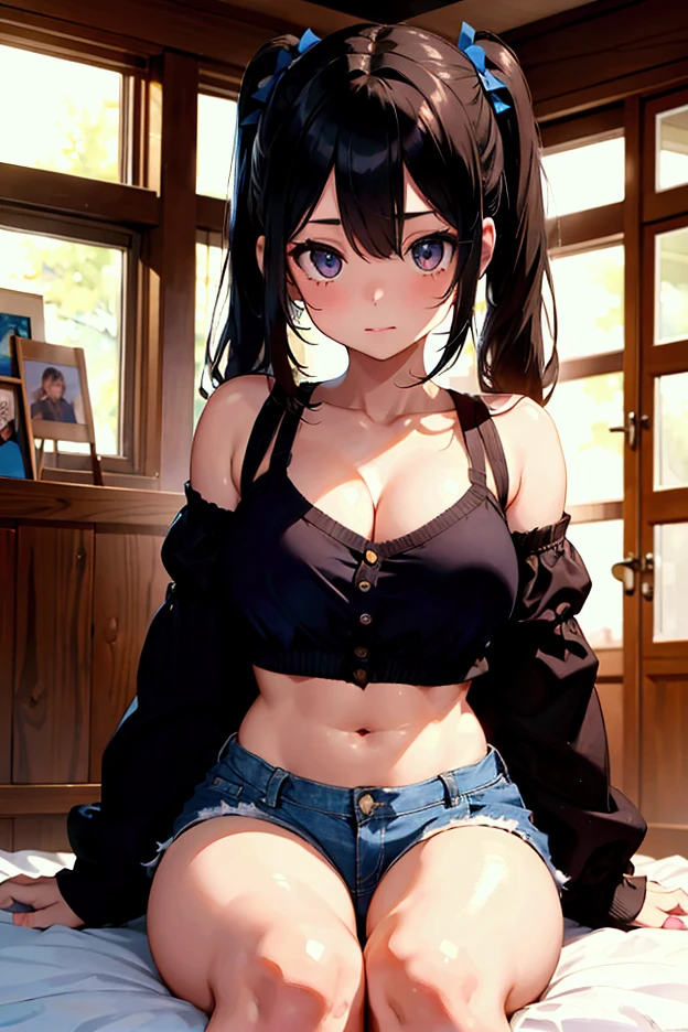 (masterpiece, best quality, detailed), 1girl, solo, looking at viewer, hilda pokemon, high ponytail, long hair, blue eyes, beautiful detailed eyes, indoors, lace bra, short shorts, blush