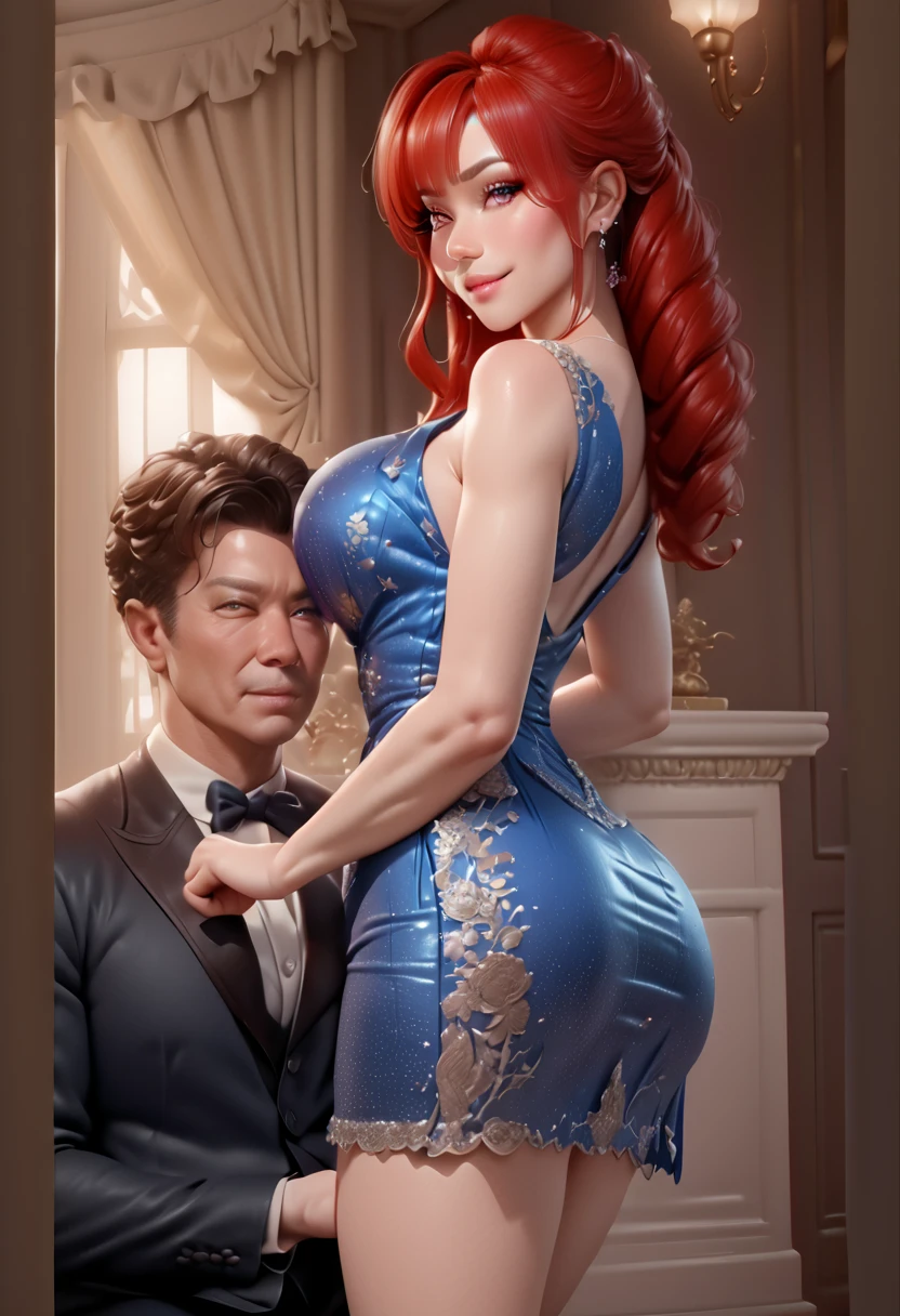 (best quality,4k,8k,highres,masterpiece:1.2),ultra-detailed,(realistic,photorealistic,photo-realistic:1.37), picture of a man and woman in a short blue dress, doing an elegant pose over you, cute elegant pose, Prom elegant pose, doing an elegant pose, highly detailed exquisite fanart, standing elegant pose, elegant pose, well - dressed, anime cover, high quality fanart, she has red hair, elegant smiling pose, wearing an elegant dress, well dressed