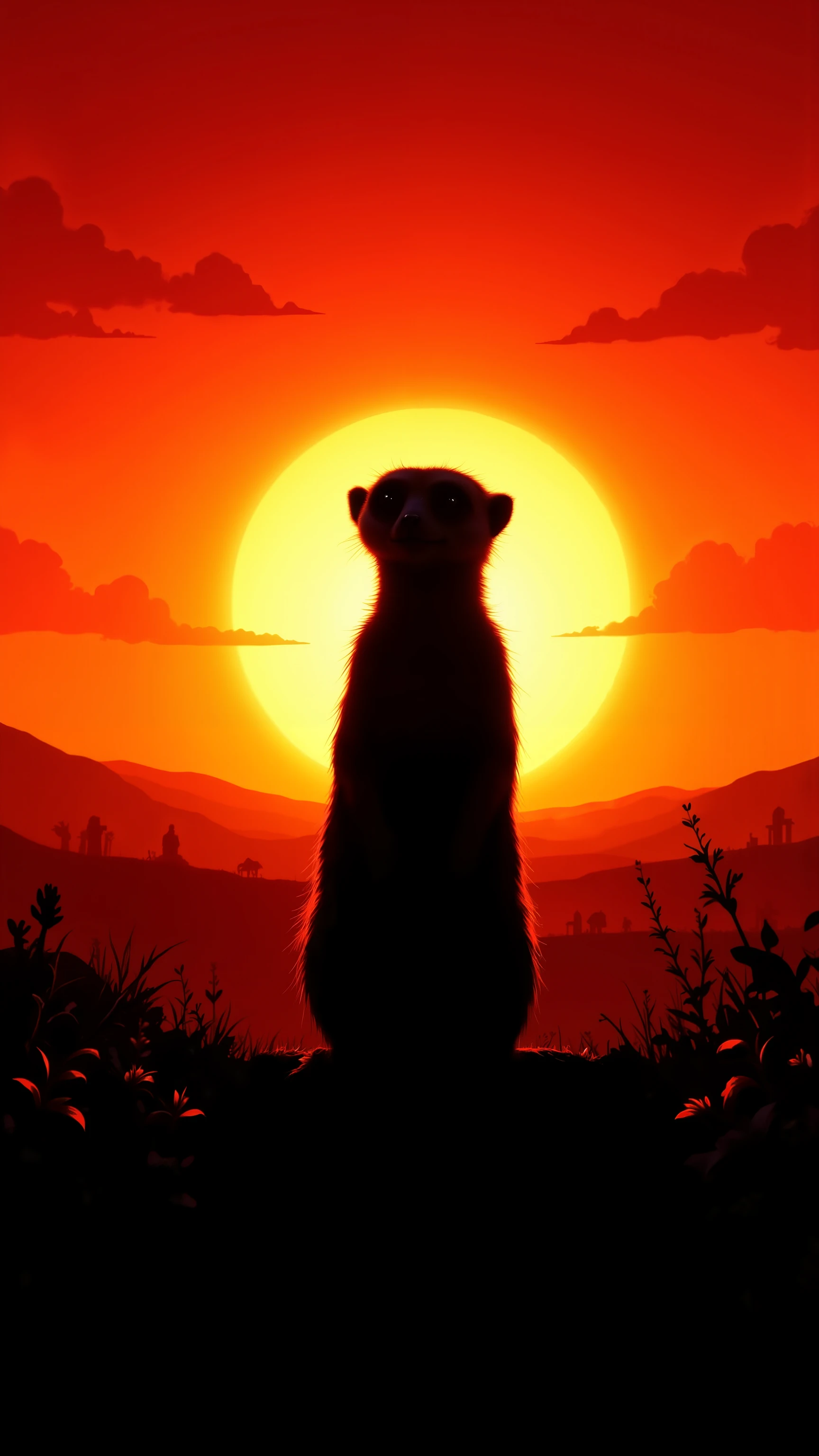 silhouette art, Low angle, meerkat, upright, silhouette, sunset, orange, yellow, sun, vegetation, horizon.