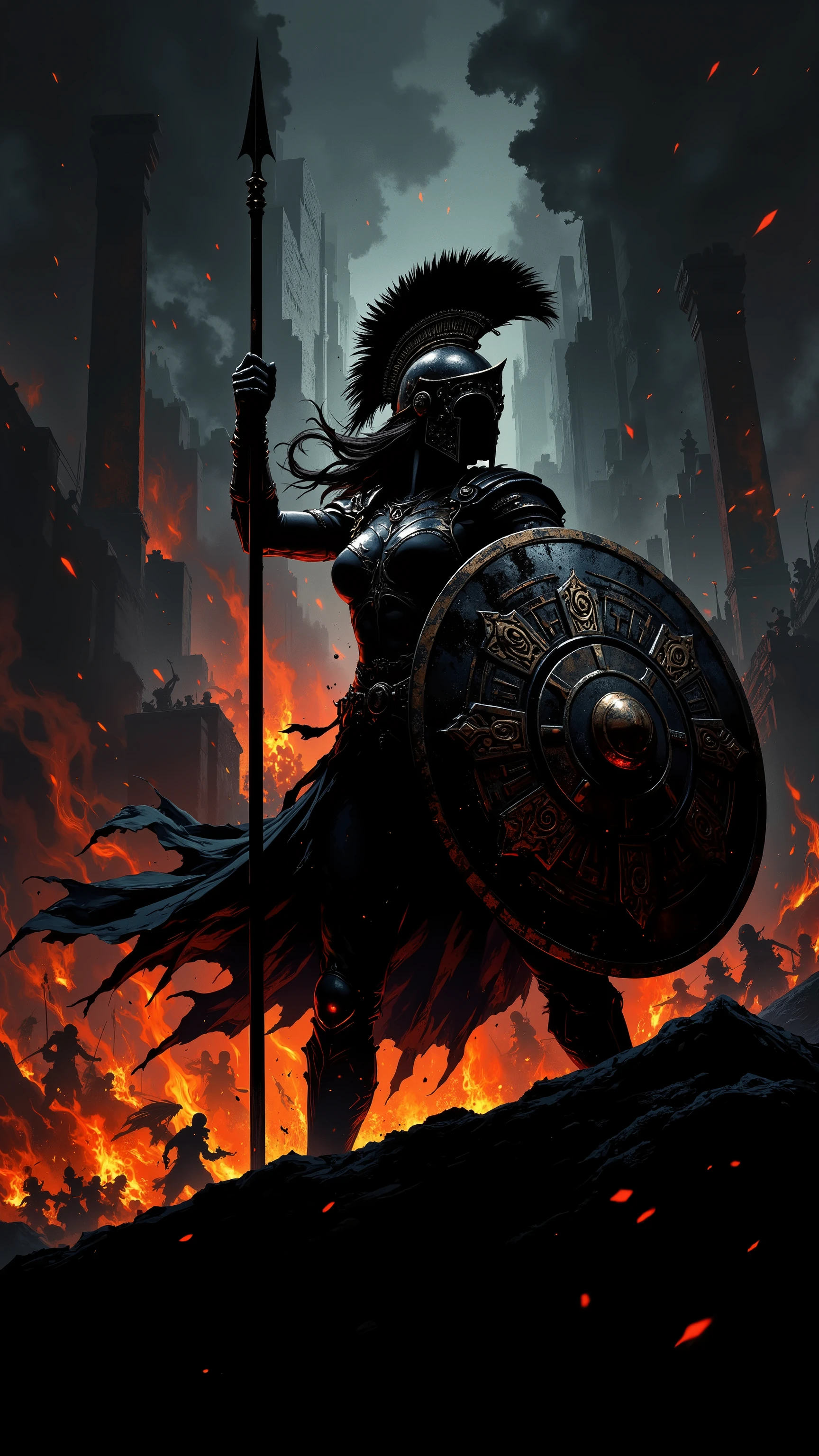 stylized silhouette of a hoplite , woman, helmet, shield, spear, dynamic, intense, flames, arrows, battle, dark, orange, red, graphic, simple.