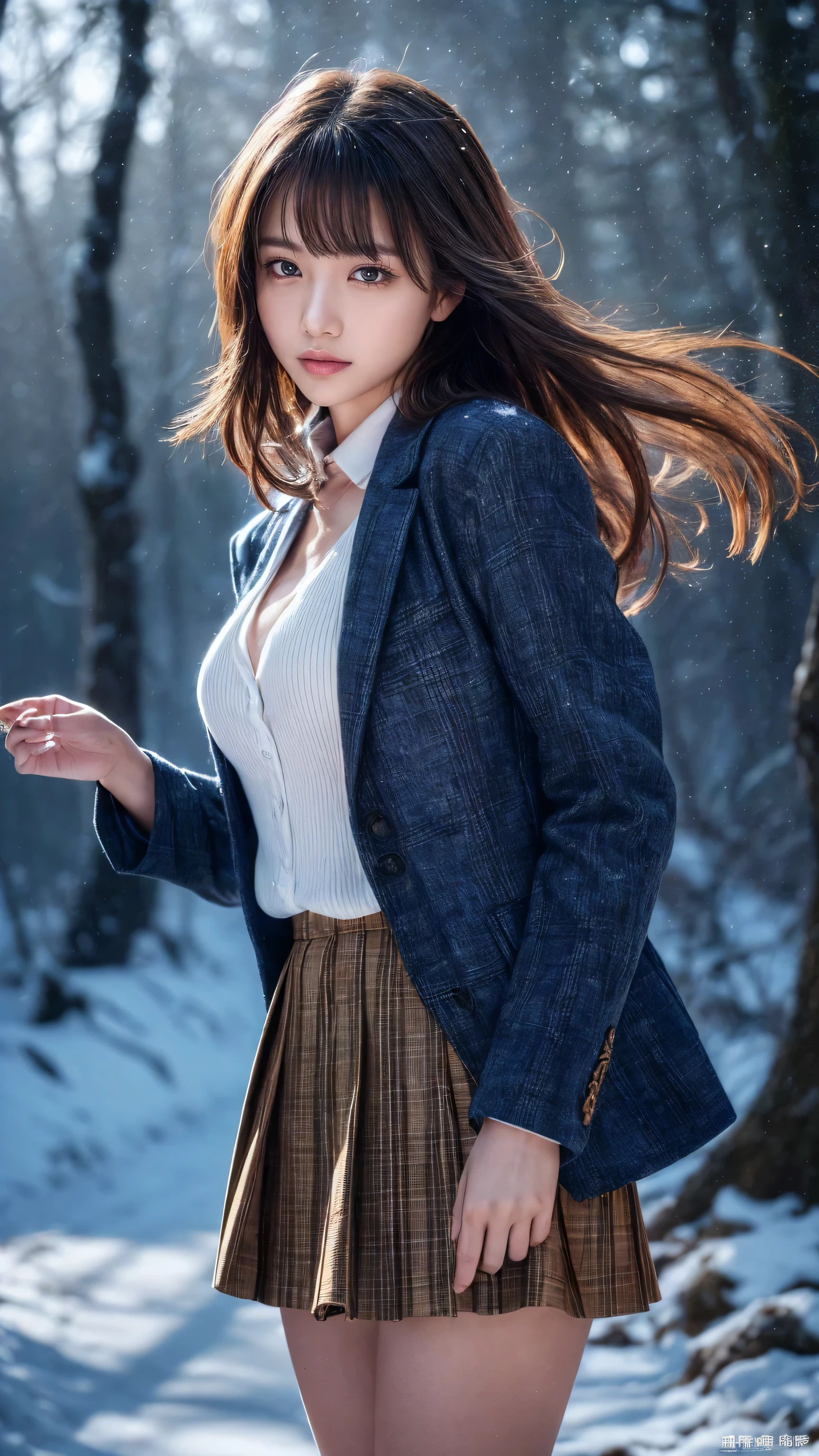 Beautiful young Snow Goddess with flowing blue accents in a long white dress , Standing in a Snowy Forest , Long flowing white hair dancing around her , Sparkling Spiritual Wind Spirit , gentle face , beautiful detailed eyes, lips with beautiful details, Very Detailed Face, long eyelashes, calm expression, Magical Fantastic Art , Is present, photo Is present, vibrant colors, cinematic lighting, dramatic shadow , Epic fantasy landscape, Lush Evergreen Trees , Snowflake, volumetric fog, sparkling magical energy 、 Head to Toe Composition 、 full body view、,( very Detailed目, very Detailed顔), ( Is present にสุดๆ, high resolution ), Is present skin texture that lasts deep into the middle of the night 、 Deep Night , ( Is present に, Is present :1.37), very Detailed, professional photography , (ultra realistic texture details: velvety skin, hair),((sharp focus, no blurr eyes, high resolution, absurd quality, Realistic brown_eyes:1.4),intricately detail:1.35),((extremely fine details eyes))((extra narrow eyebrows))(Carefully draw Long blue_eyelashes:1.2)(perfect round eyes:1.3).((finely detailed pupils:1.3))((extremely fine details pupils:1.3))((extremely fine details iris of the eyes:1.35))(Shining, mesmerizing, Vibrant eyes:1.22) , ( Is present , photo Is present :1.4), beautiful illustrations , perfect lighting, natural light, depth of field in fighting games , , watch viewers 、Realistic (photorealistic Realism), (high resolution), ((intricately detailed digital art)), professional photography, (portrait) a 1 Girl, soft saturation, Professional quality, Perfect contrast , perfect lighting, anatomically accurate,break, One Girl , On the way to night school , very short hair , cadmium green eyes, close eyes , Dark Skin , tanned skin , small breasts, Red bangs hairpin , break, dark blue blazer , tartan check skirt,