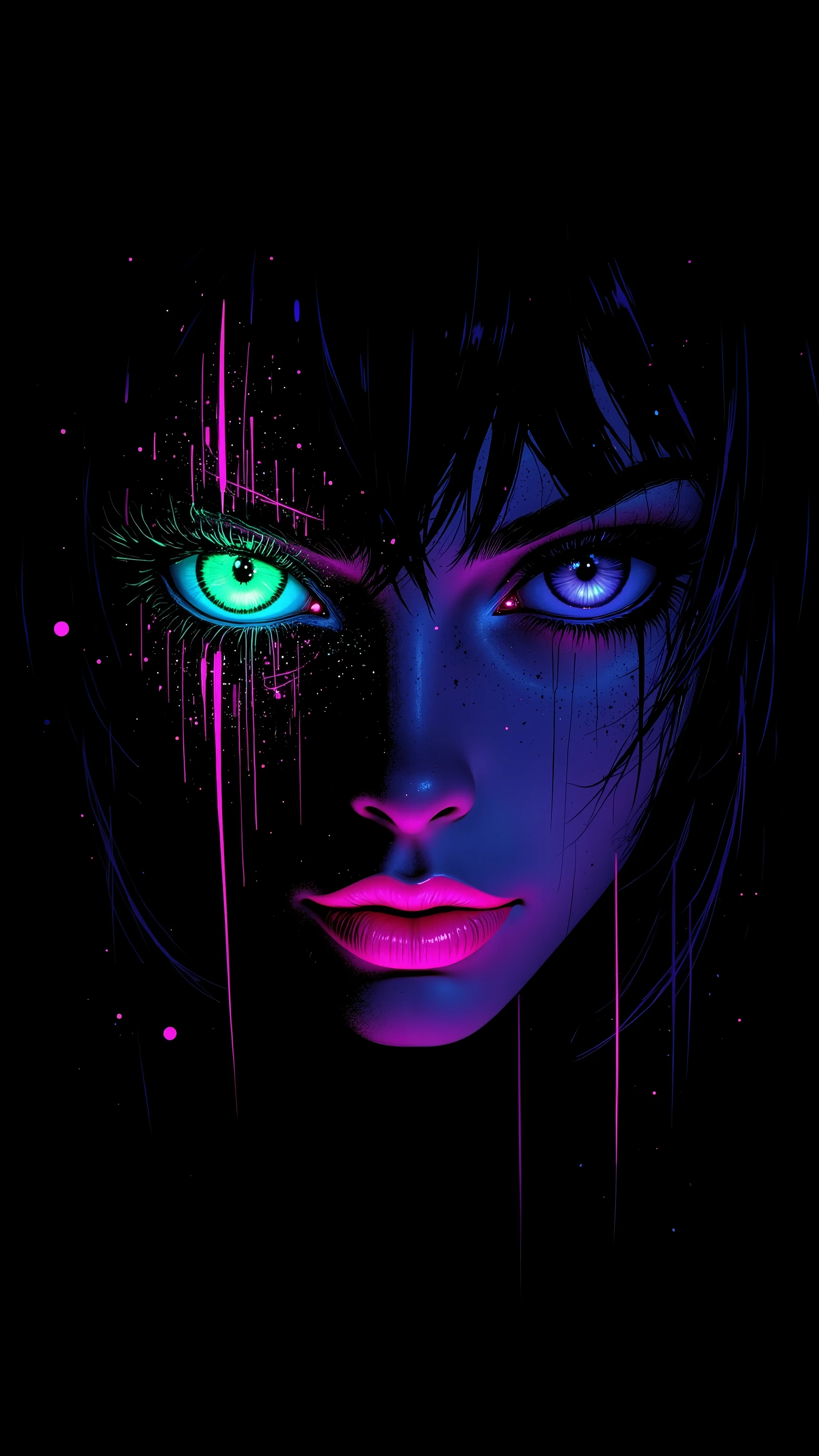 Dark futuristic portrait, neon colors, black background, glowing pink lips, green cyberpunk eye, digital art, abstract lines and dots, purple accents, intense gaze, surreal, high contrast, sci-fi aesthetic, ethereal, mysterious, detailed, intricate, vibrant
