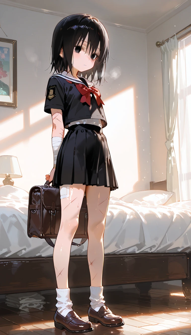 Close-up of a woman in uniform standing in front of a building JK, blazer, Pleated skirt, White underwear, Beautifully decorated, Delicate hair ornament, Fearless Smile, (View from bottom up:1.2, looking down on the audience), Backstreets, Wall Background, High resolution, masterpiece:1.2, Attention to detail, high quality.