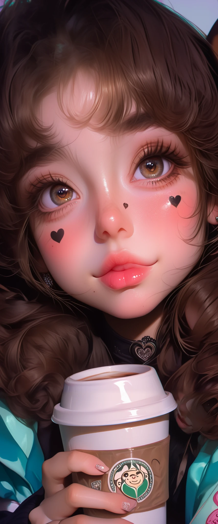 There is a girl holding a cup of coffee in her hand, pretty girl-fine face, beautiful natural anime face, with a cute face - fine -, sakimi-chan, chiho, Yoshitomo Nara, young cute face, beautiful Japanese girls young face , brown hair and big eyes , linda girl cute, big and beautiful eyes of light , thick, shiny lips , a mole on the side of her mouth , a heart tattoo on her cheek, winking an eye, beautiful and subtle smile