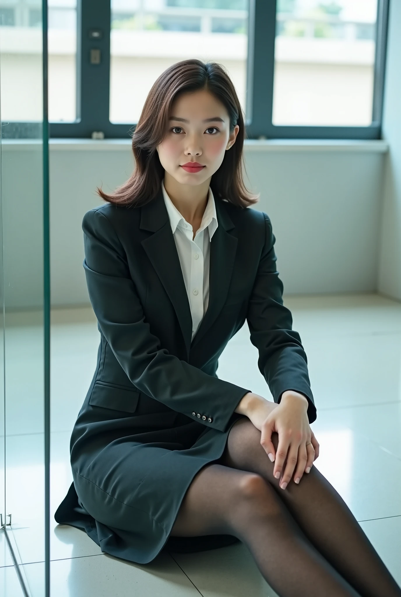 Best Quality, Photorealistic, 8k, High Definition, 1 Girl, Female, (Medium: 1.8), Office, Pubic hair visible, Grey suit, No panties, Skirt up, Work, Sitting in chair and legs wide open