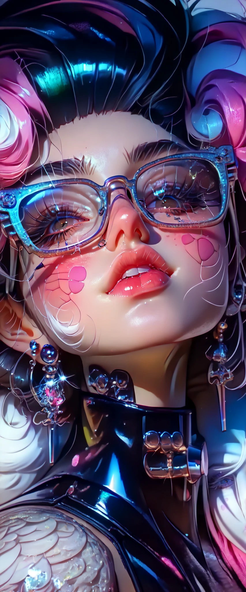 ((a close up of a woman An elegant and delicate cartoon exaggerating the hyperrealistic features a little:1.52, Make it delicate and sensual :1.5, accentuating features such as a fleshy and thick mouth , slightly larger eyes made up with shiny and colorful glitter , and very long eyelashes with glitter on the tips , rosy cheeks:1.51, Beautiful face of a cyberpunk girl, great digital art with details, slightly biting her lower lip, sensually, she wears glasses you can see the reflection in the glasses of the glasses :1.5)), digital art. masterpiece , Detailed woman, full lips in Angelina Jolie style , long false eyelashes , eye makeup blushed lips and cheeks , she wears earrings all over her ear like piercings and in the ovum of her ear she has an embedded ring, a piercing on her lips and nose , hyperrealistic art style , Brandon Woelfel, tattooed face, tattoos and piercings, realistic digital art 4k, realistic digital art 4 k, tattoo style, cyberpunk art style, Girl with glasses , chiaroscuro, cinematic lighting, Optical illusion, HD, UHD, Retina, masterpiece, Accurate, Anatomically correct, textured skin, Super detail, high details, high quality, award winning , best quality, highres, 1080P, HD, 1